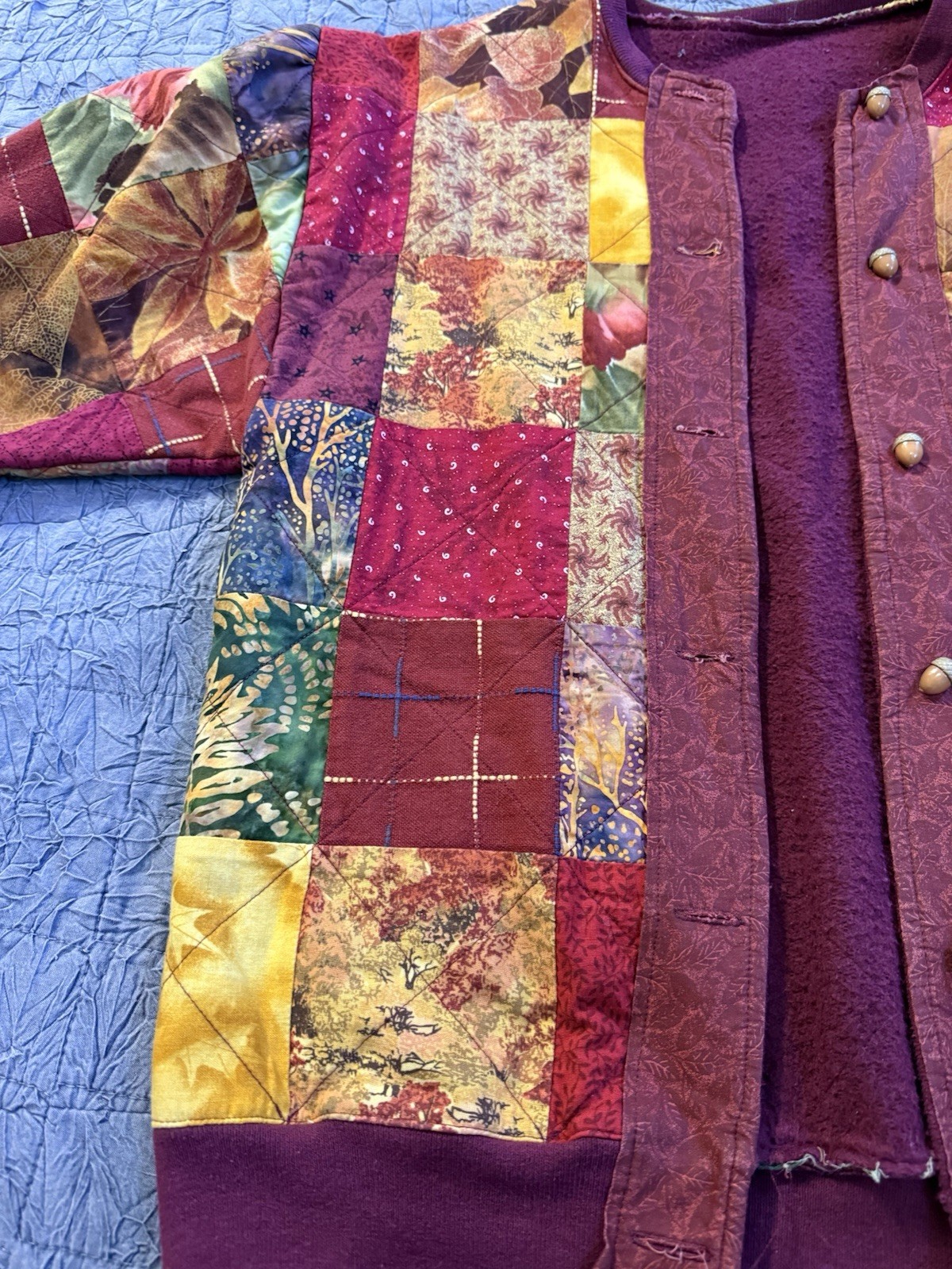 Vintage Handmade Quilted Patchwork Jacket Fleece Lined Boho Grandma-Core EUC