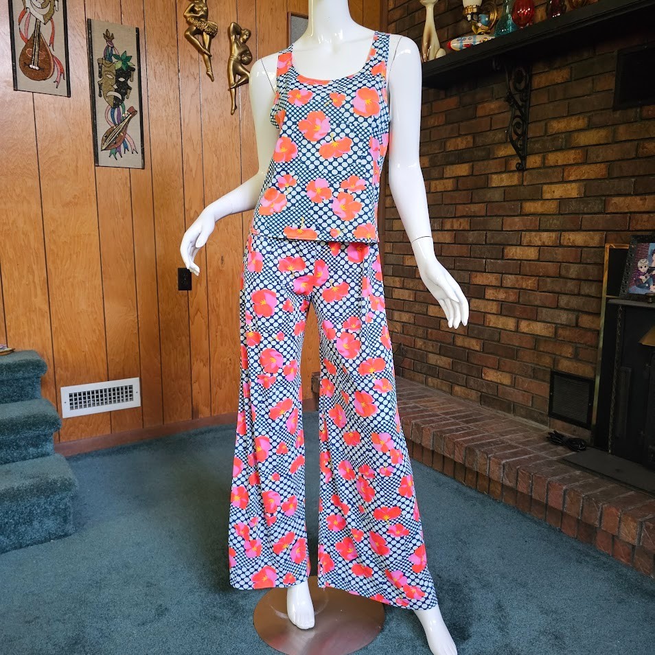 Vtg 70s Mod Op Art Bubble Psychedelic 3pc Tunic Top Wide Bellbottom Pantsuit M/L