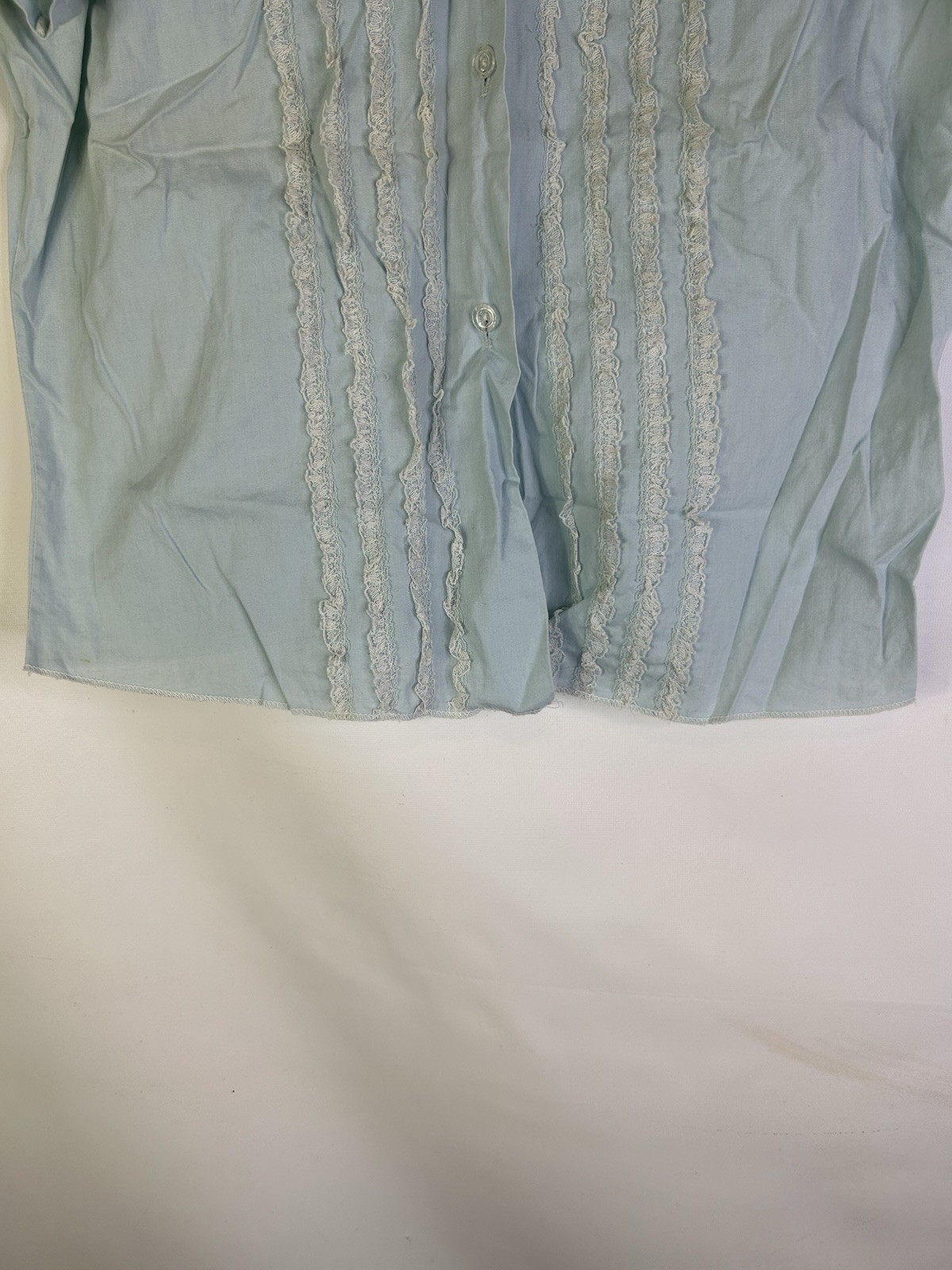 Vintage 50s Button Shirt Top Womens Small Frill Ruffle Lace Cottage Mod