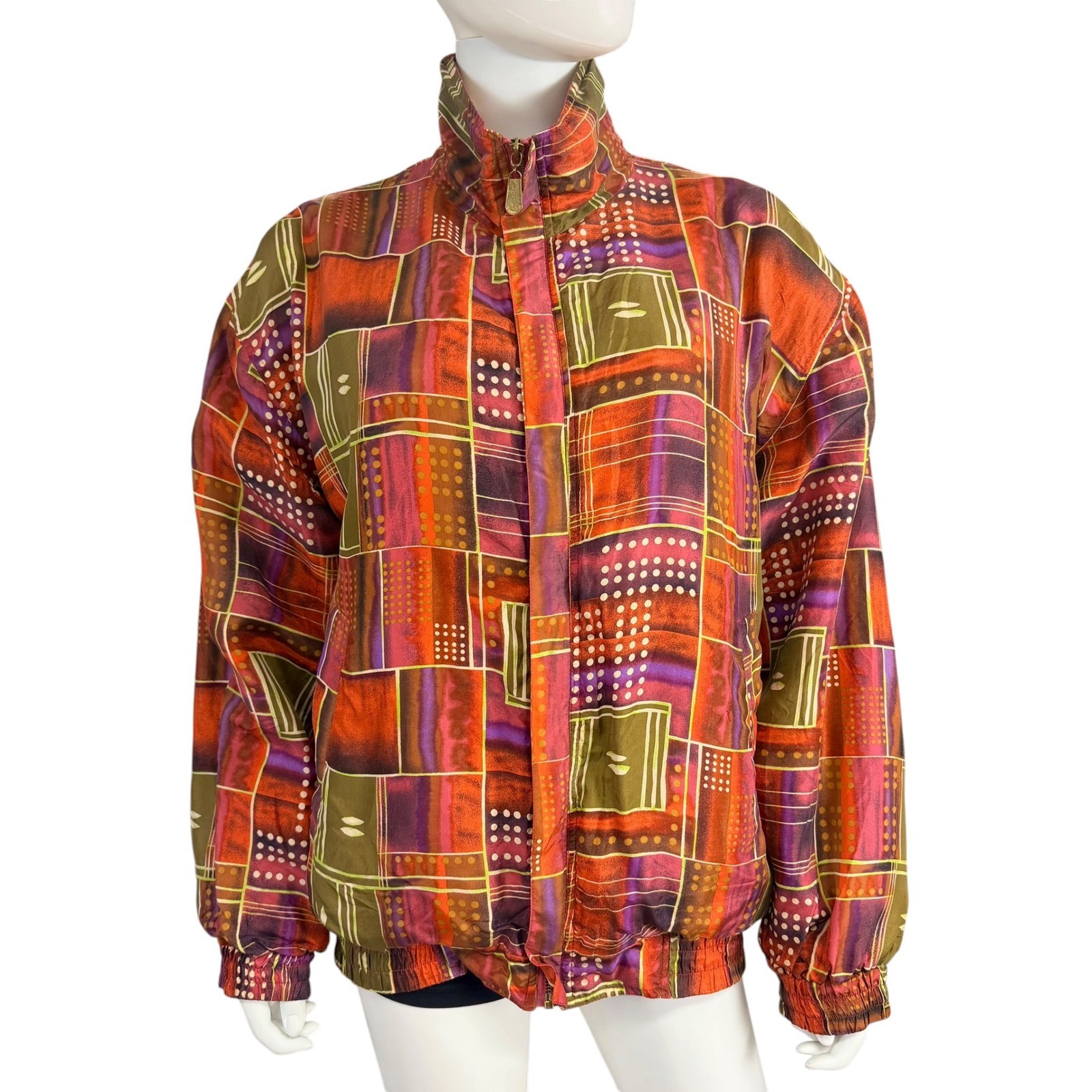 Fuda International Vintage 100% Silk Geometric Patchwork Bomber Jacket Large