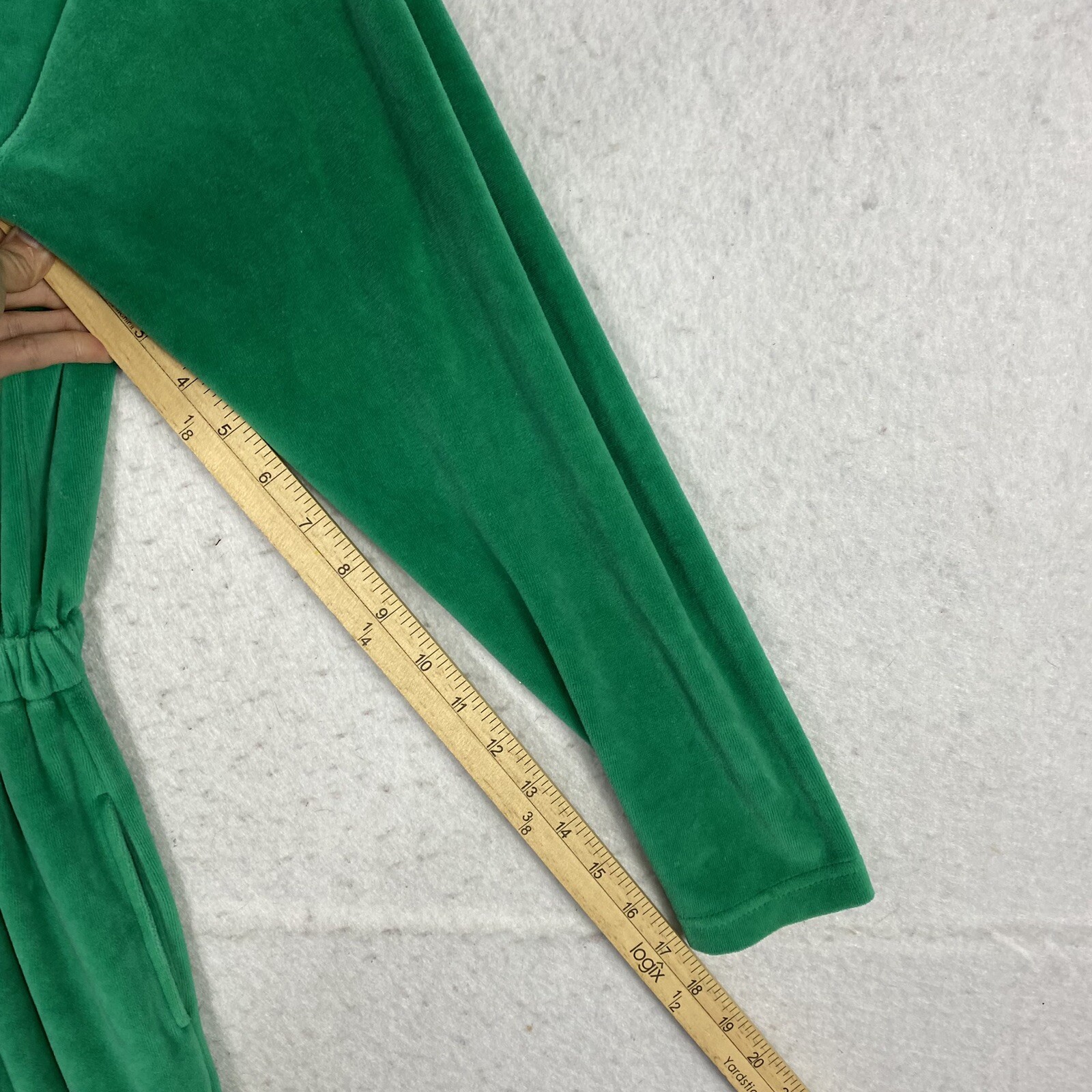 VTG Green Velour Jumpsuit Button Up Long Sleeve S 80s 90s Pockets High Rise
