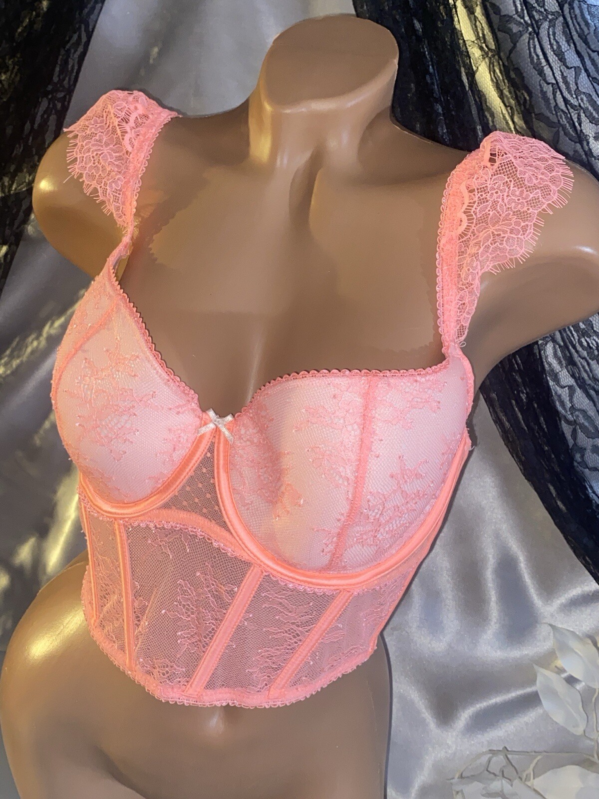VTG DD S/M 36/38 VS Neon Orange Frilly Corset FRILLY Bra CORSET BUSTIER TOP