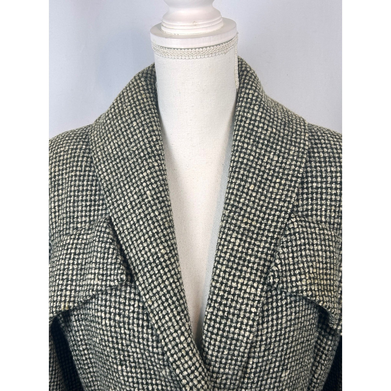 Vintage Great Britain Black White Tweed Wool Maxi Coat Long Trench Jacket Womens