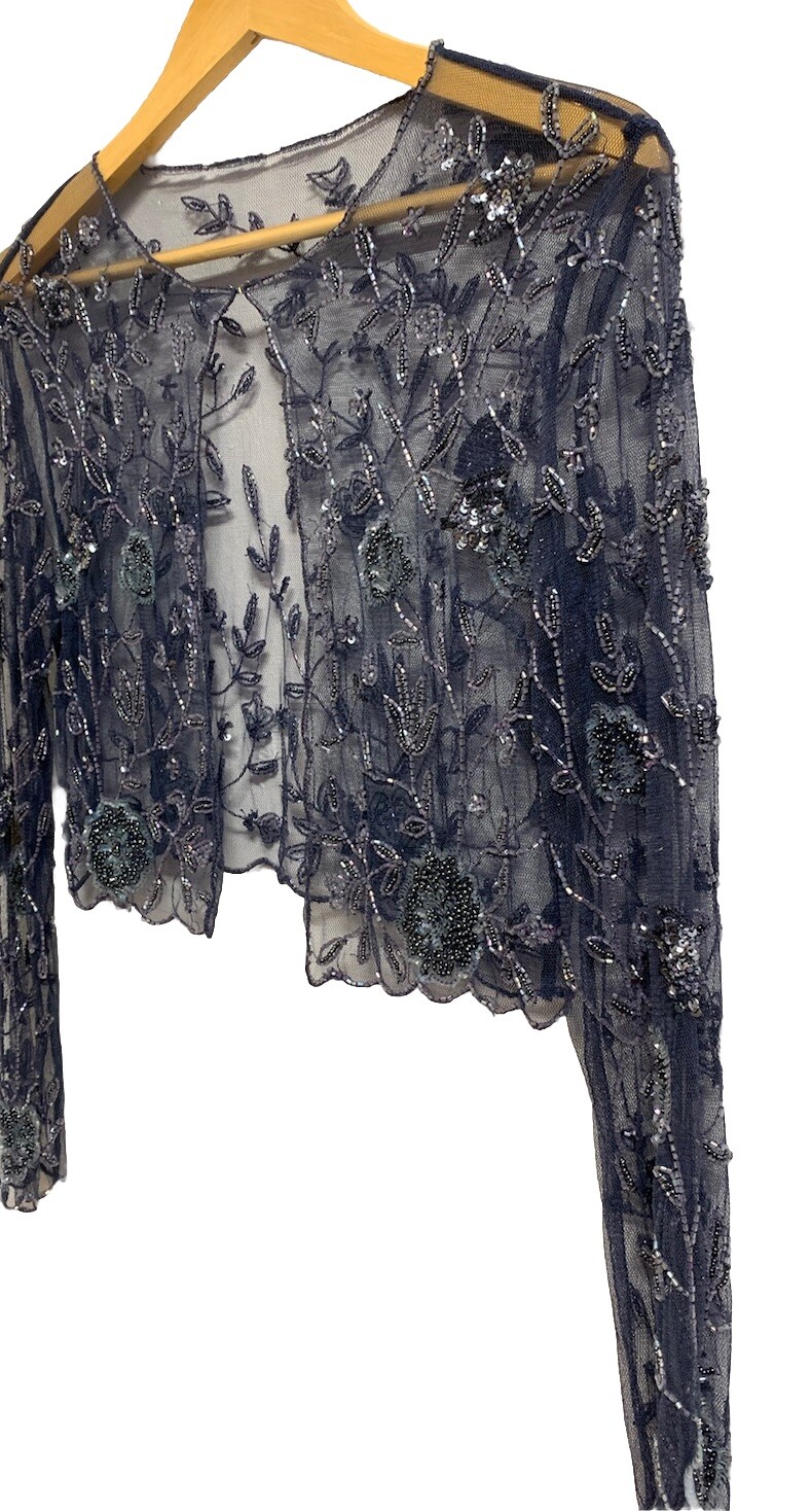 Vtg beaded Cardigan Women’s Sheer Blue