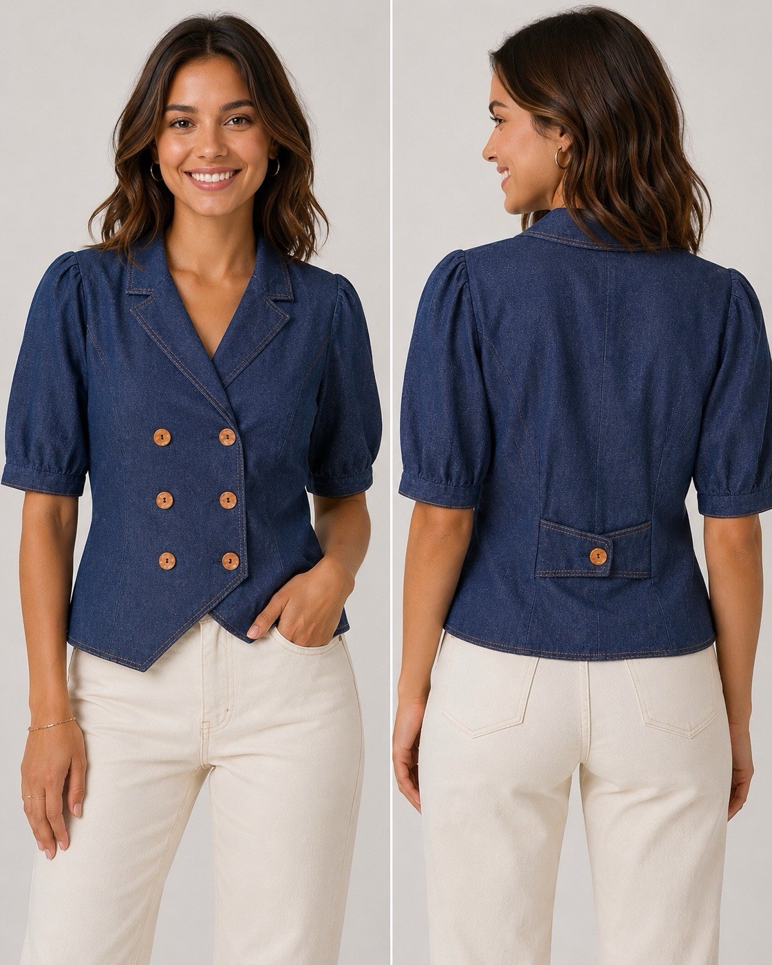 Vintage 100% Cotton Chambray Double Breasted Blouse Jacket Top Puff Sleeves 36 S