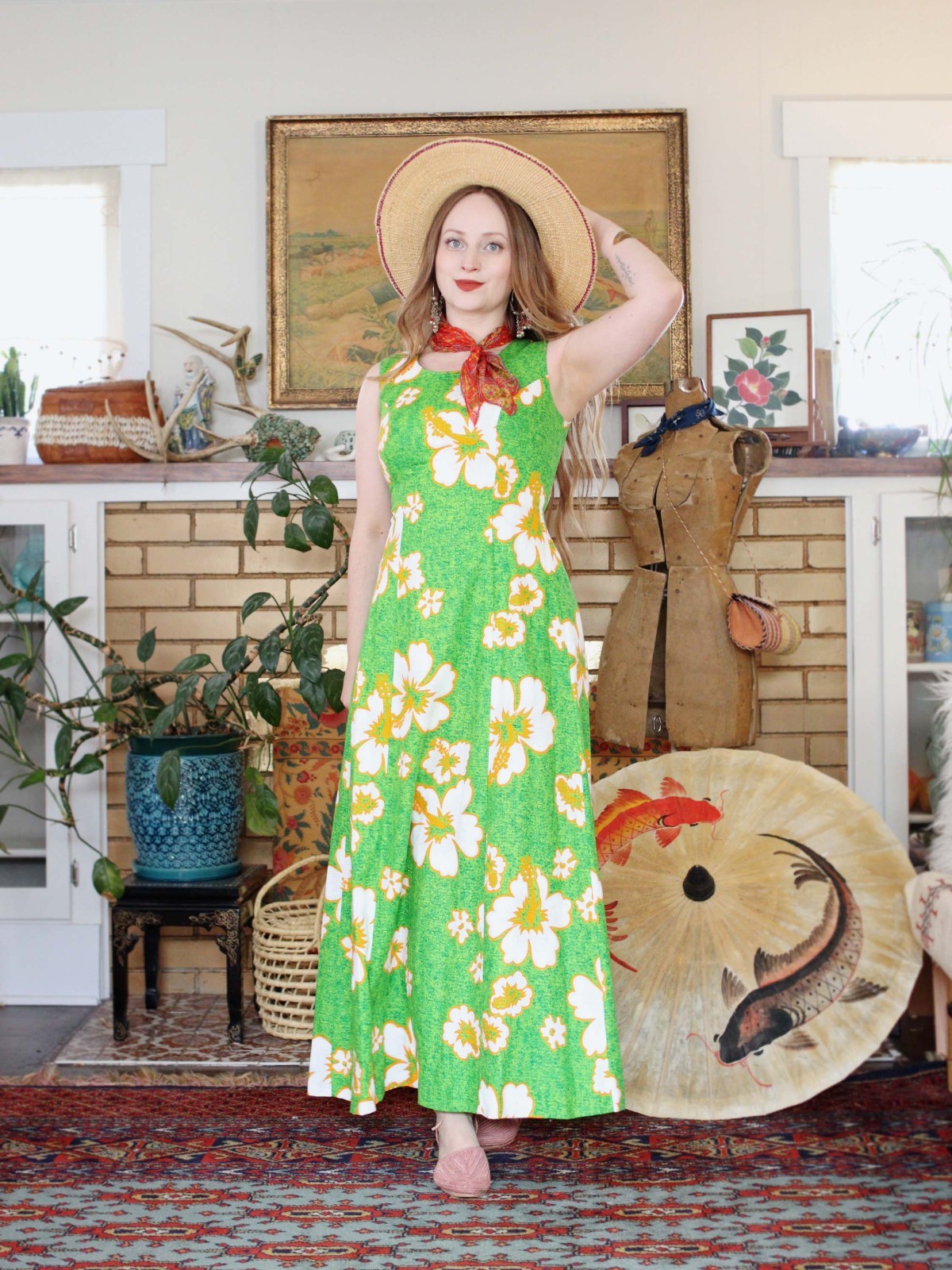 VTG Robin Art of Hawaii Green Hawaiian Barkcloth Dress 1970s Maxi Cotton dress