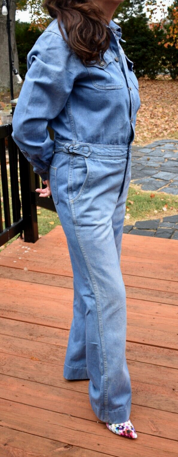 Vintage Brittania Denim Flared Leg 70s Long Sleeve Jumpsuit Romper Overall Large