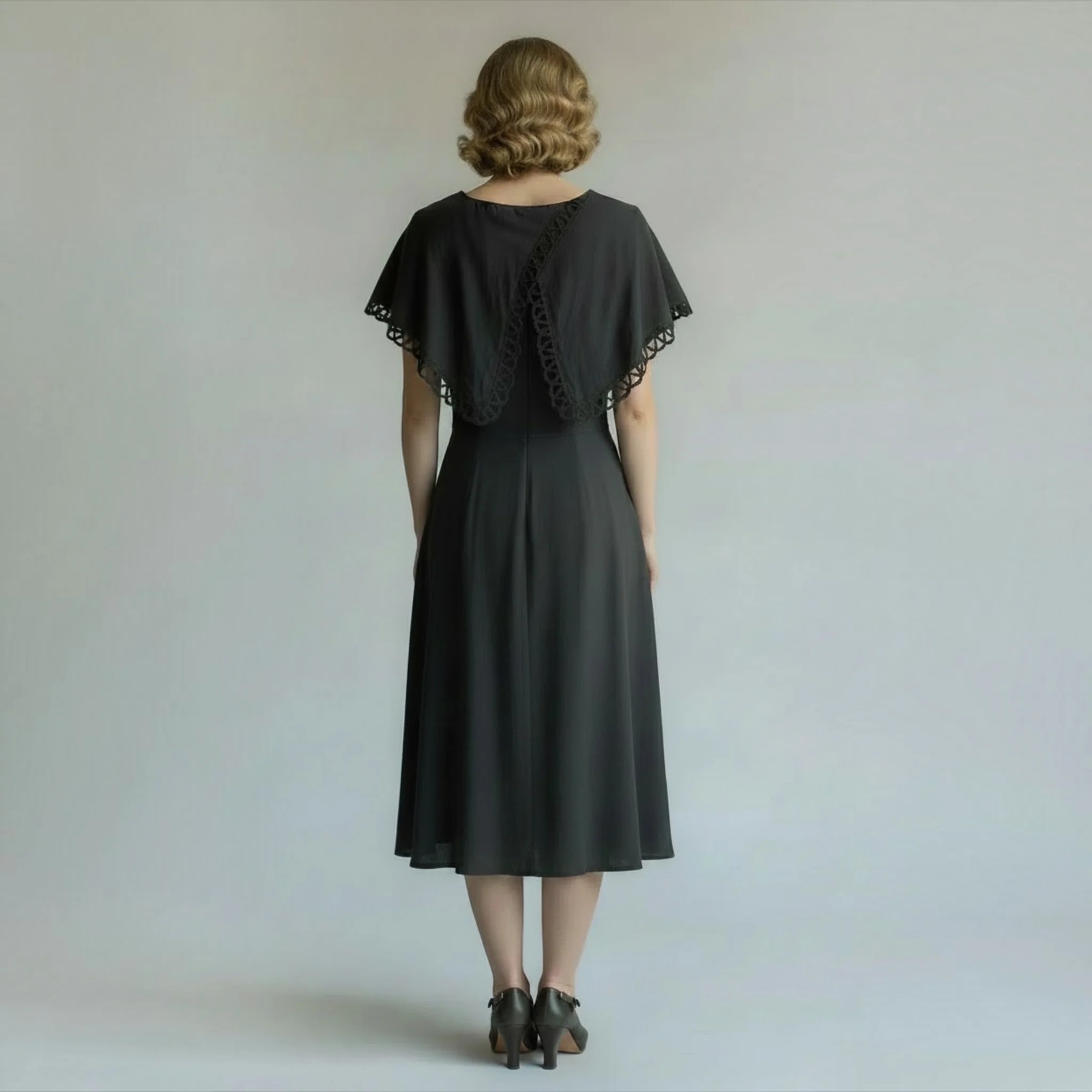 Authentic Vintage 1940s Black Capelet Collar A-Line Midi Dress, Size S/M