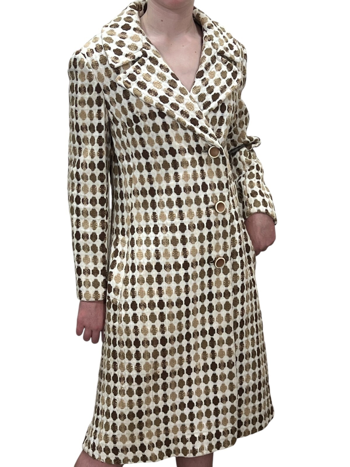 Sz S~M Vtg 60s Coat Ivory Tan Nubby Woven Asymmetrical Betty Rose Princess Seam
