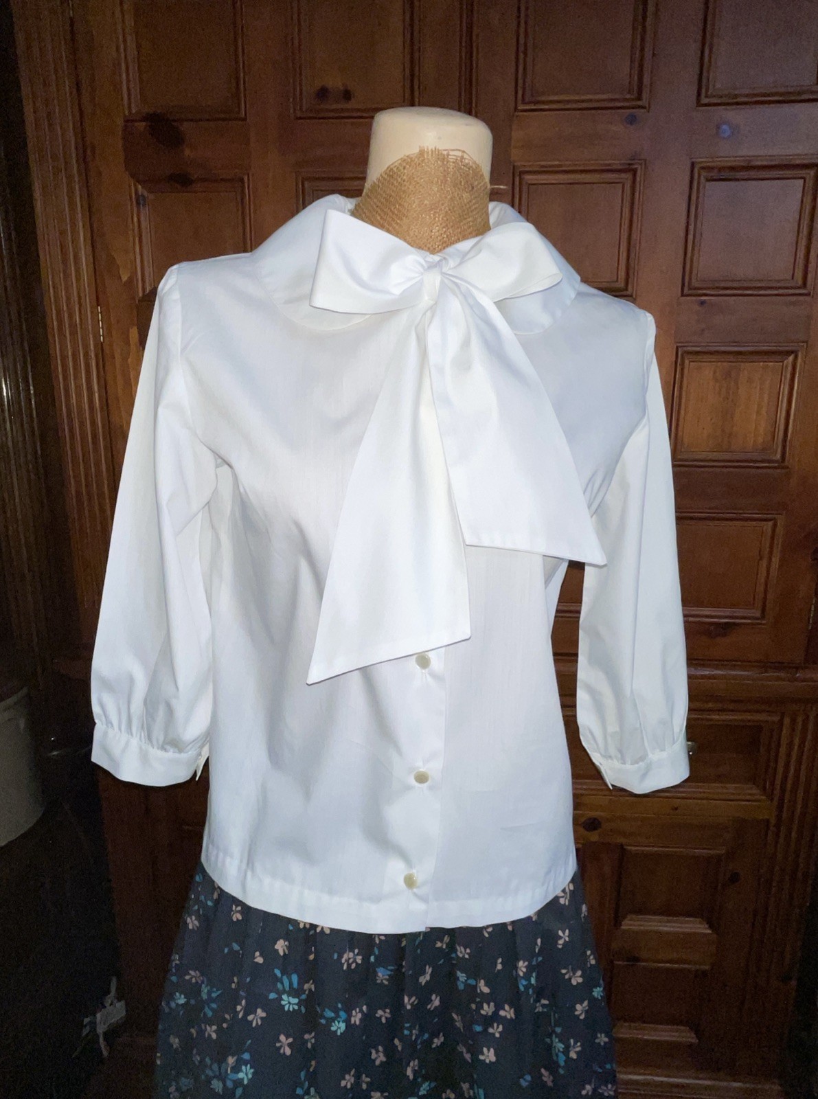 Vintage Sybil White 3/4 Sleeve Blouse Round Collar Detachable Sash Tie Front