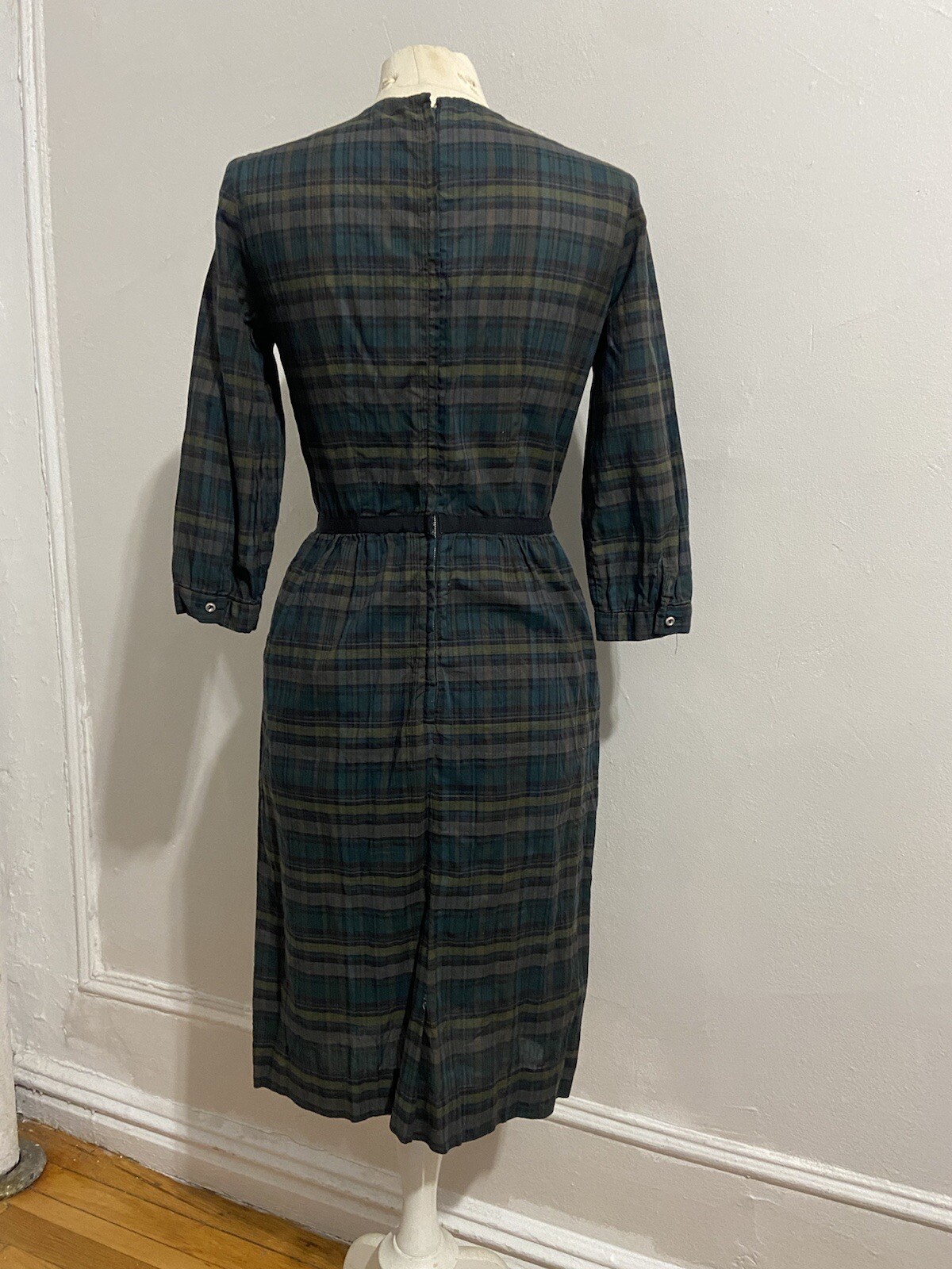 60s Helen Whiting Green Plaid Sheath Vintage Dress