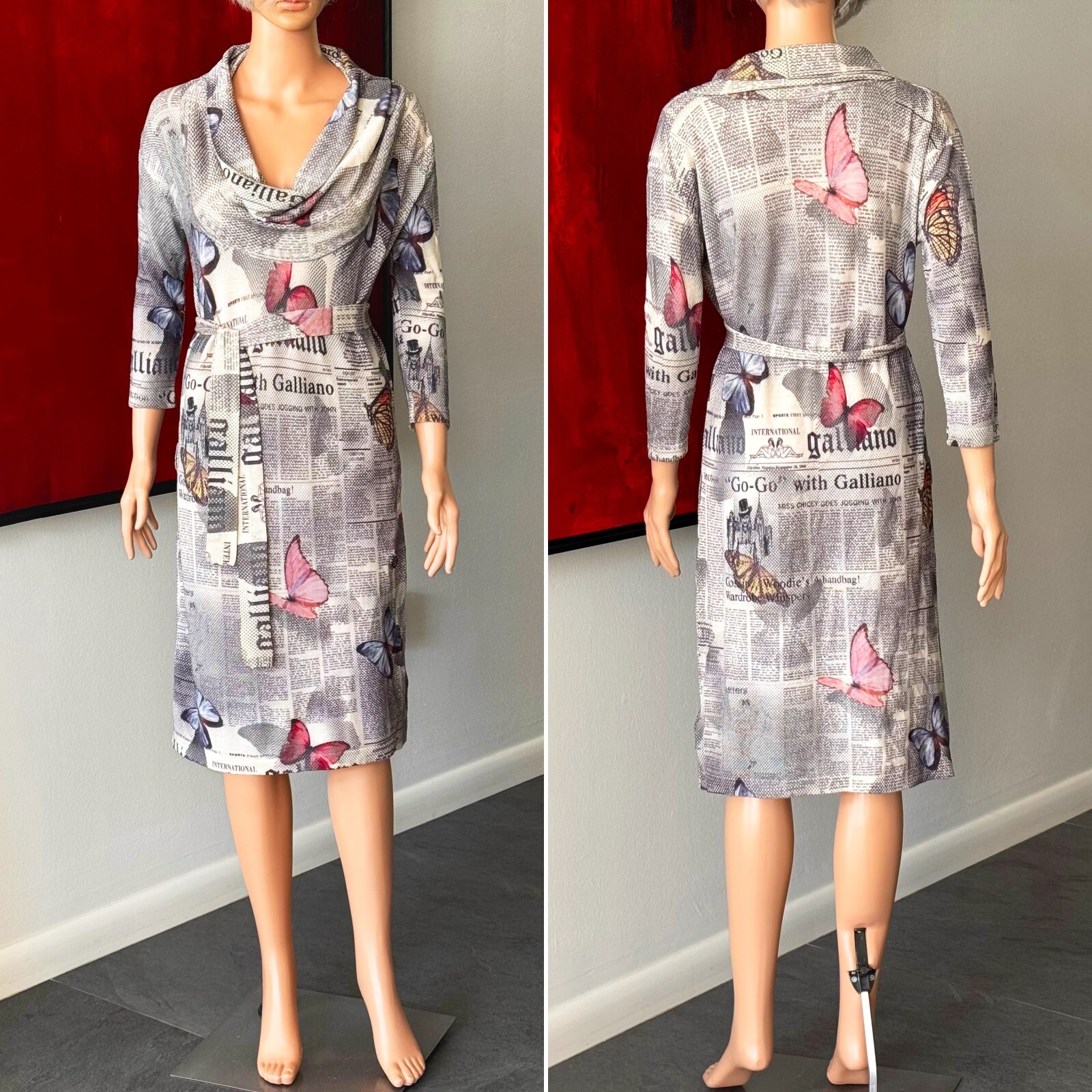 JOHN GALLIANO 2000s Gazette Newspaper Butterfly wool stretch dress print size M