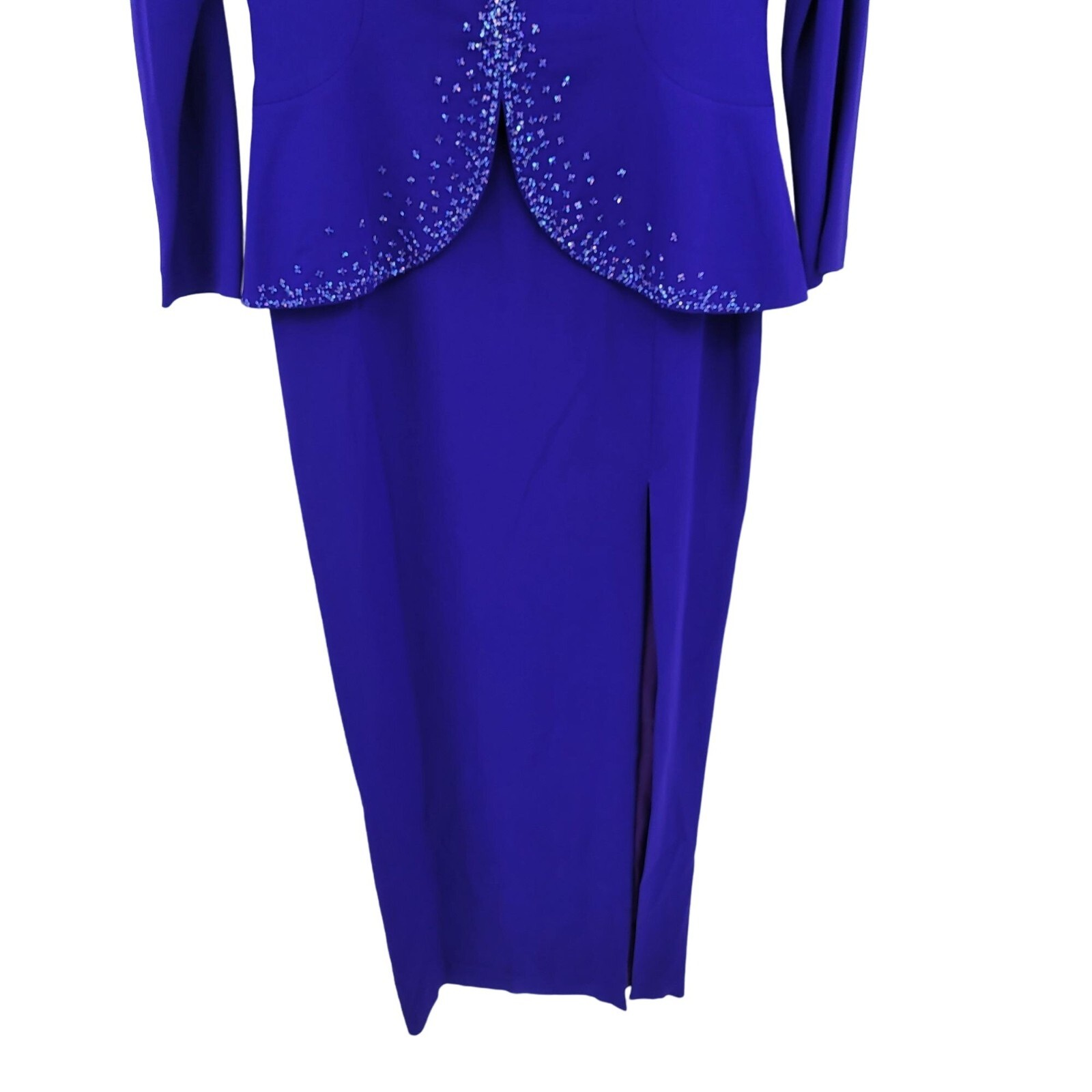 Vintage 80’s Daymor Couture Gown 6 Blue Peplum Beaded Front Slit Modest Sexy