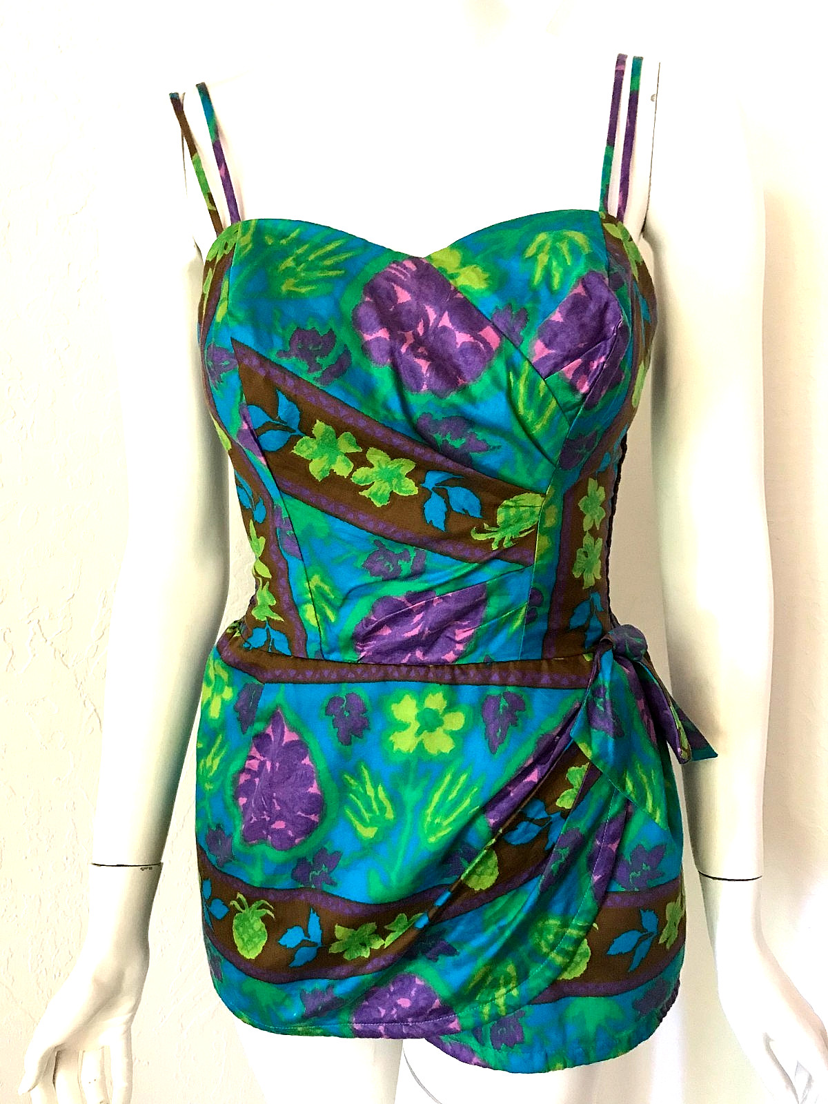 VTG 50s SUN FASHIONS HAWAII Pin-up Sarong Style SWIMSUIT S Smocked Metal Zip VLV