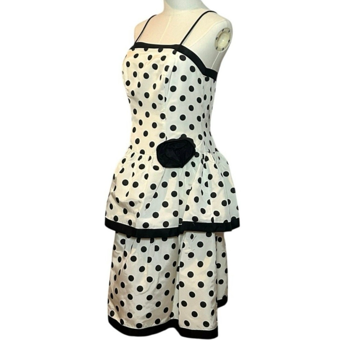 VTG 80s Stop Staring! Polka Dot B&W Medium Tiered Drop Waist Dress Rockabilly