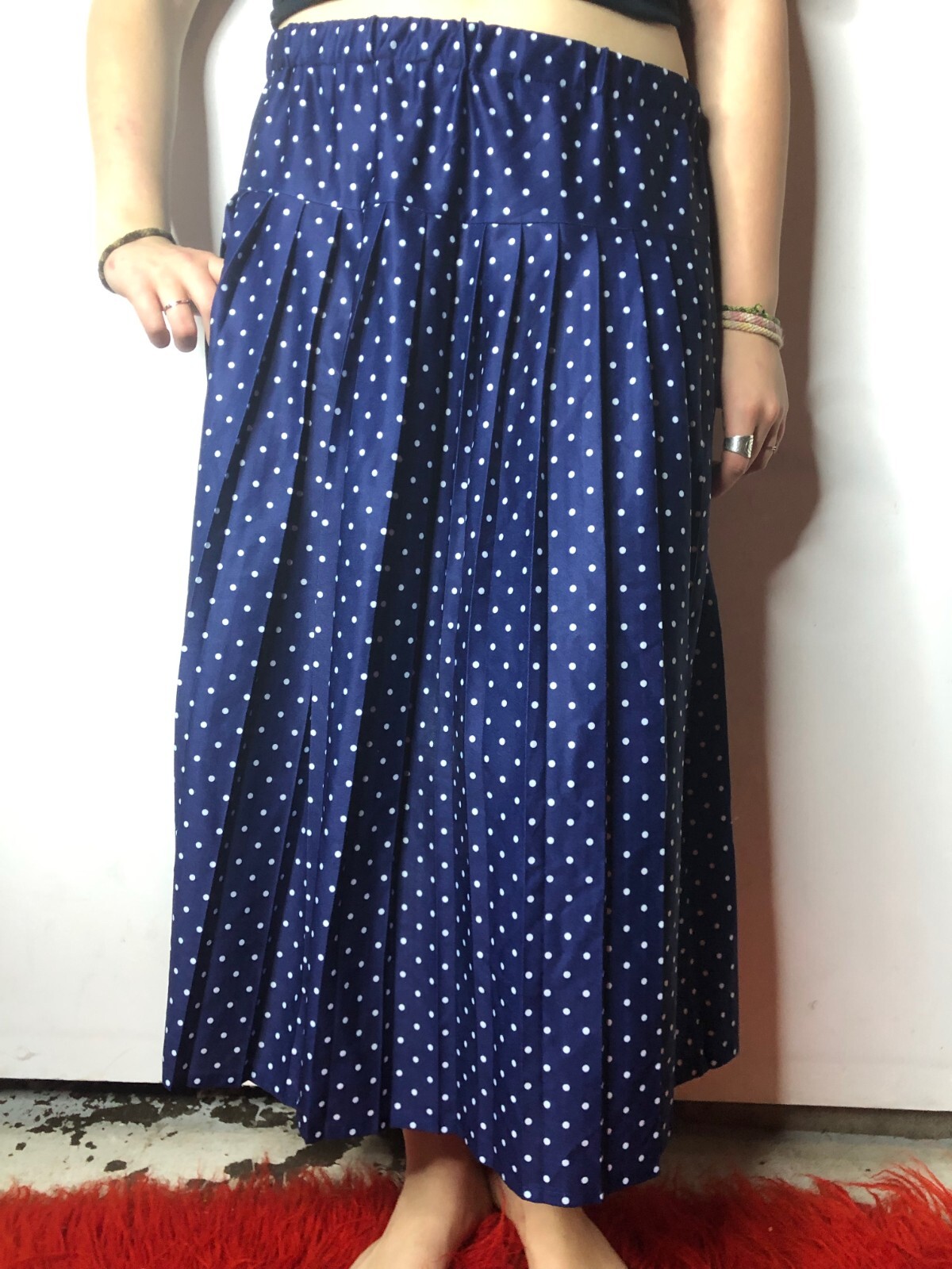 Vintage 1970s Long Blue White Polka Dot Skirt Pleated EU 42