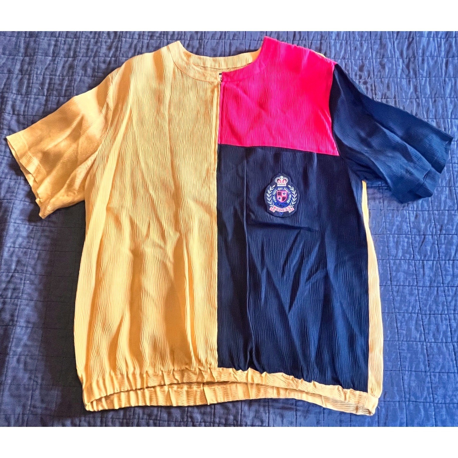 Egdon Heath 90s Vintage 100% Silk Colorblock Crest Patch Top Large