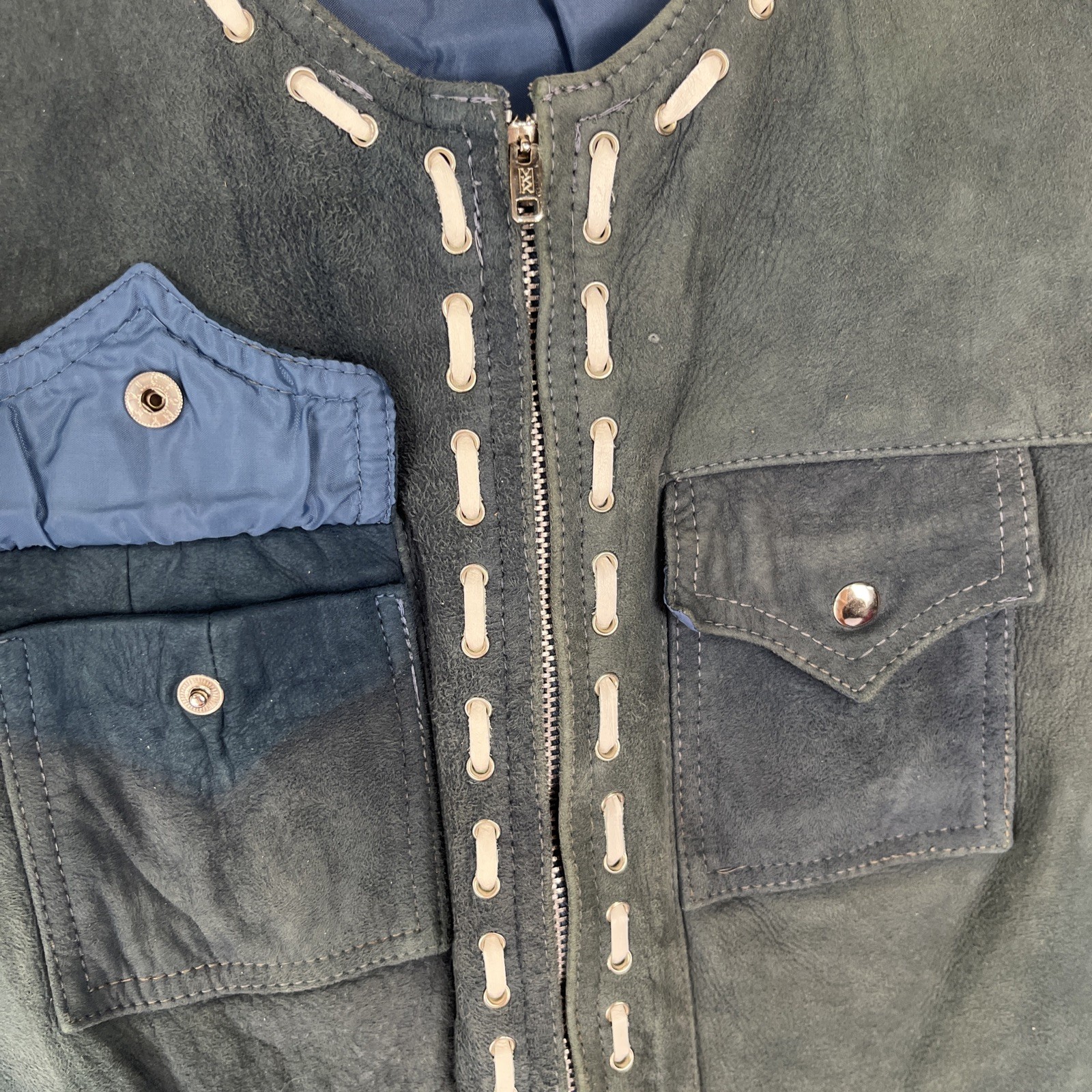 Vintage Carnaby Leather Vest Women 14 Wool Back Blue Suede Full Zip Distressed
