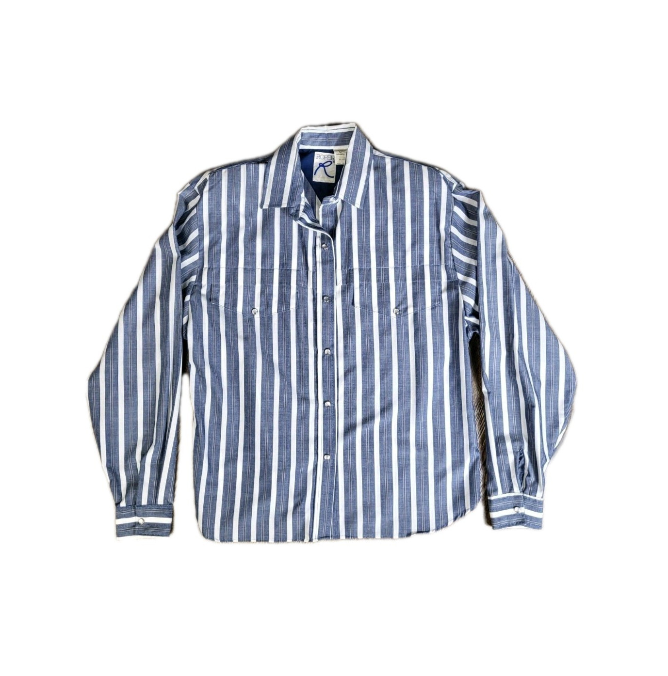 Roper Western Pearl Snap Women’s 11/12 Men’s 34 Blue Striped Shirt Rodeo Cowboy