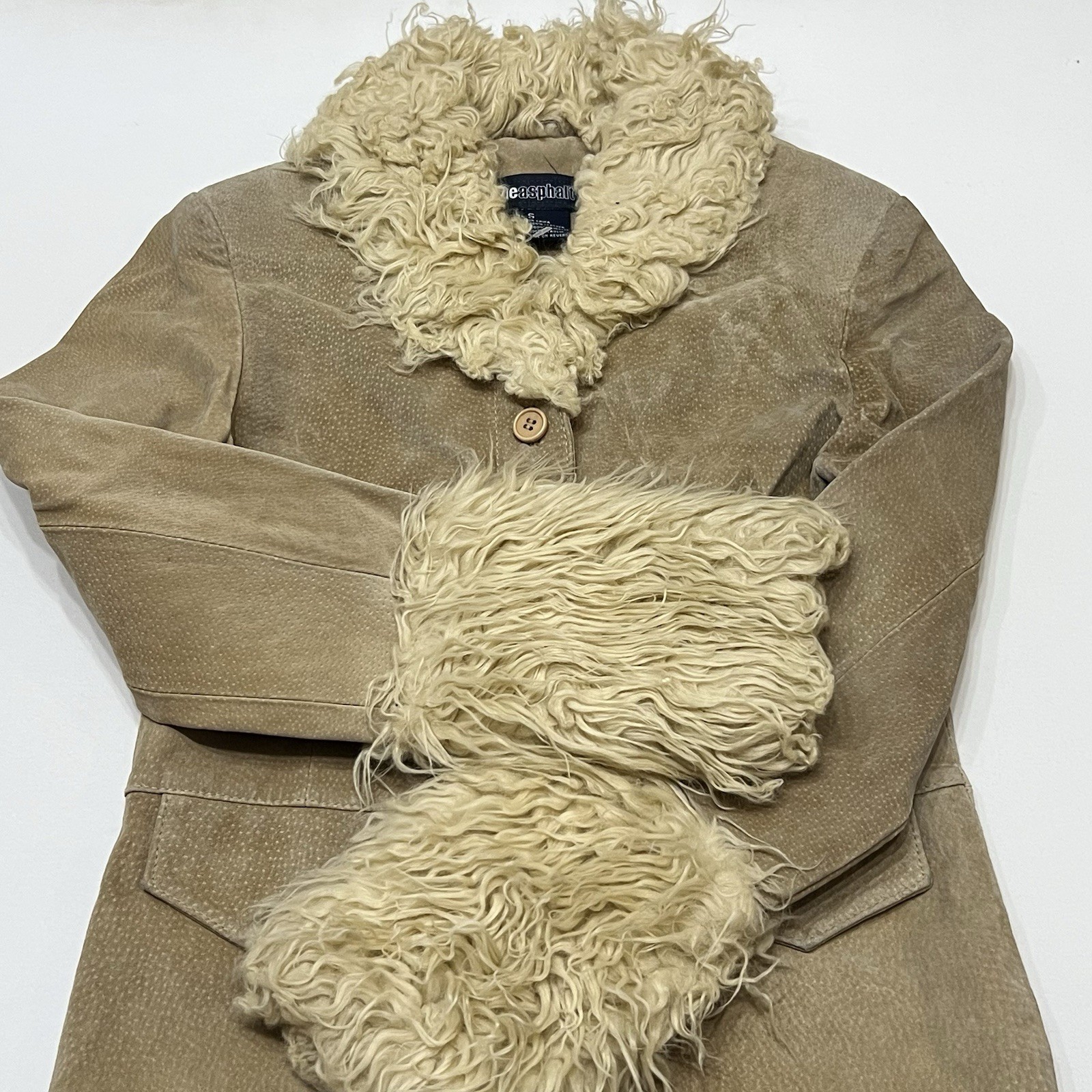 Vintage Blue Asphalt Penny Lane Coat Tan Suede Leather Faux Fur Trim size Small
