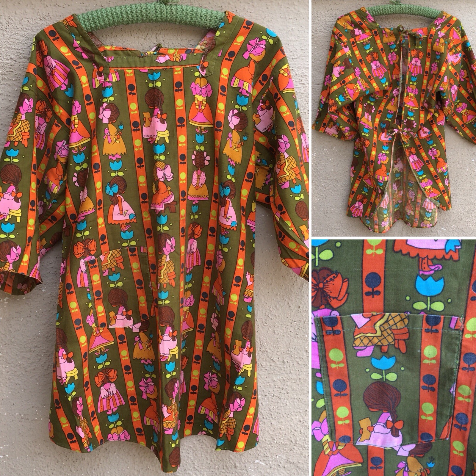 Vintage Top Ties In Back One Front Pocket Girls & Flowers Print 60s 70s Smock