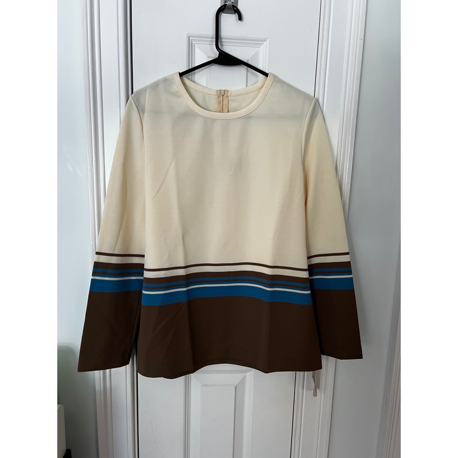 Vintage Bodin Knits 70s Striped Double Knit Top Cream Brown Blue Mod NWT 8406 14