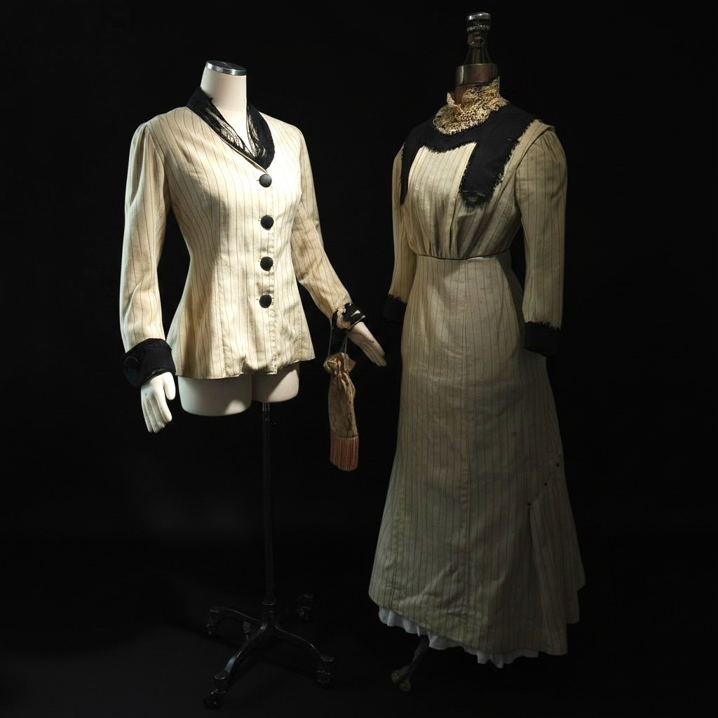 Antique Walking Suit 2 Pc Cream Pinstripe Purse Dress Black Trim Blazer Jacket