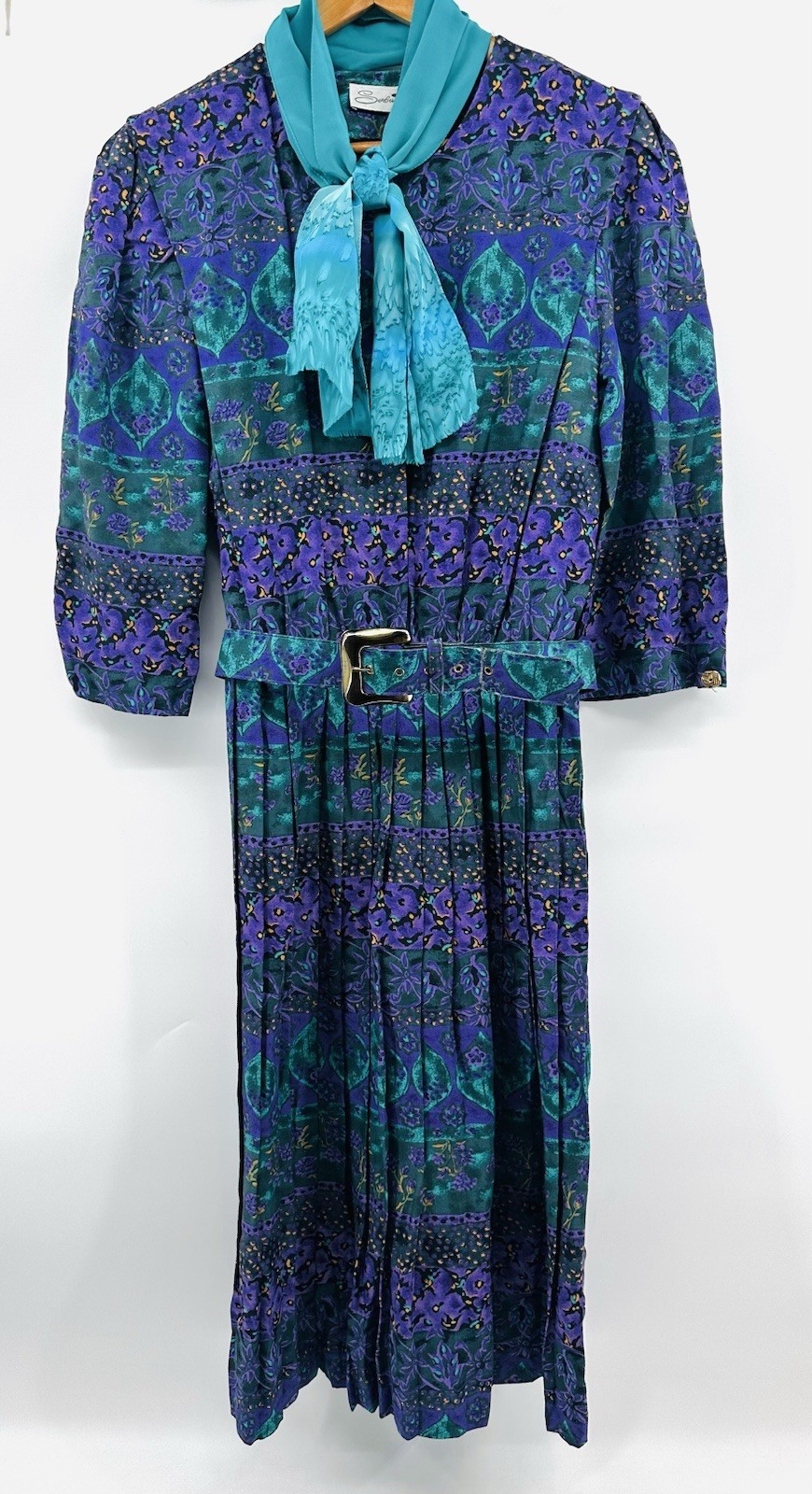VTG 80’s Serbin of Florida Teal Purple Floral Hostess Artwear Boho Dress HH42