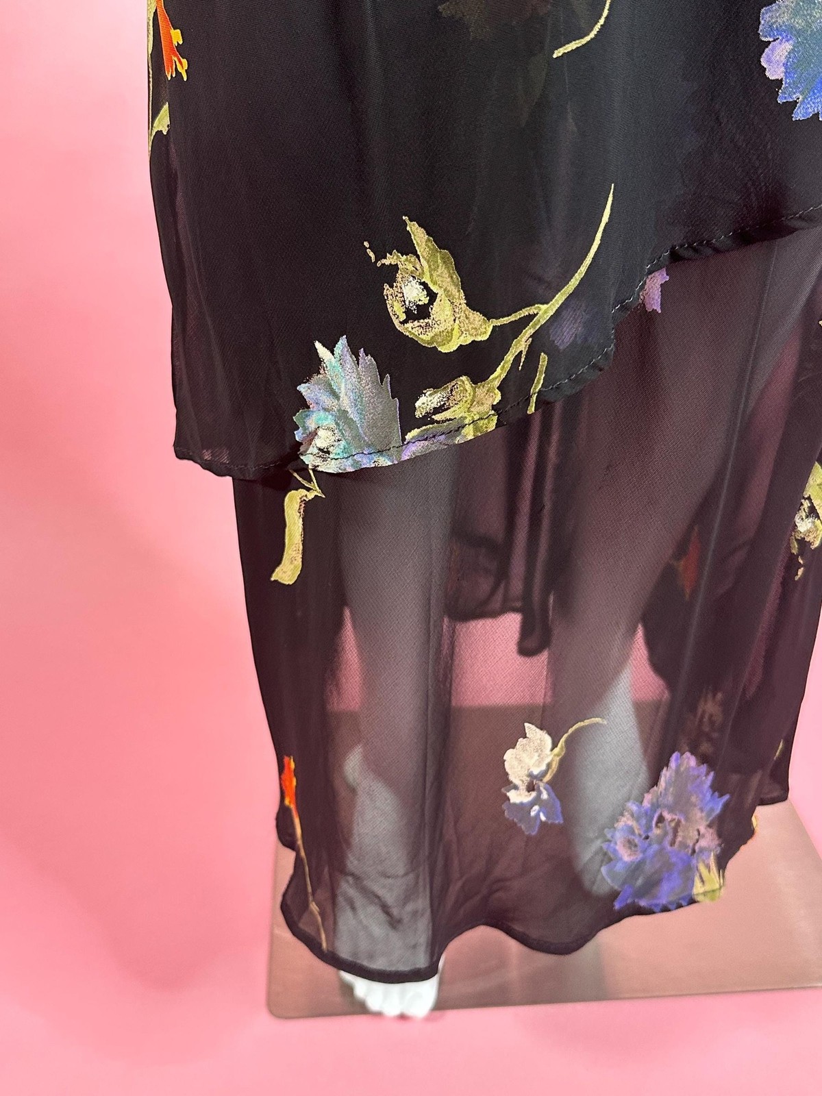 1990s-Y2K LAPIS Semi Sheer Tiered Ruffle Floral Sleeveless Maxi Slip Dress. SM