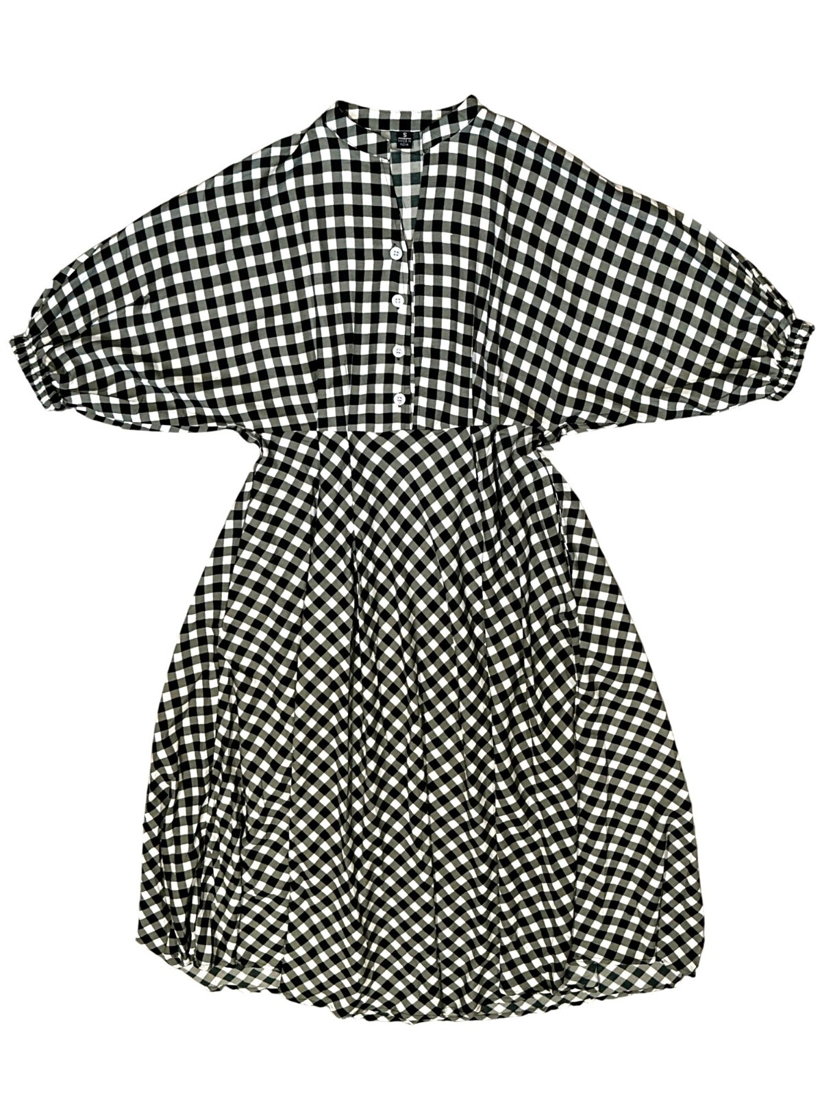 CCC Vintage Black White Gingham Checkered Midi Dress Button Front Elastic Cuffs
