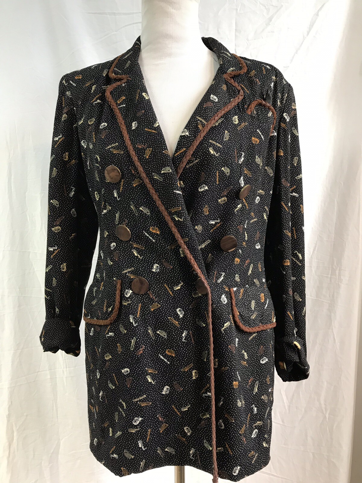 Vintage Dorothy Schoelen Womens Brass Instrument Print Blazer Music Teacher M