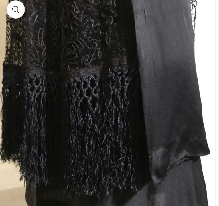 Antique 1910s Fringe and Bead Trimmed Black Silk Dress Vintage