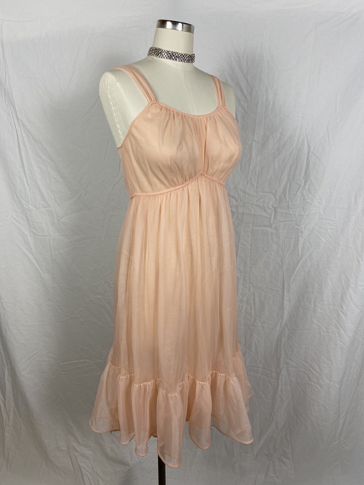 Leonora Slip Dress Nightgown Peach Pink Sheer Size Small 50s 60s Vintage Pin Up