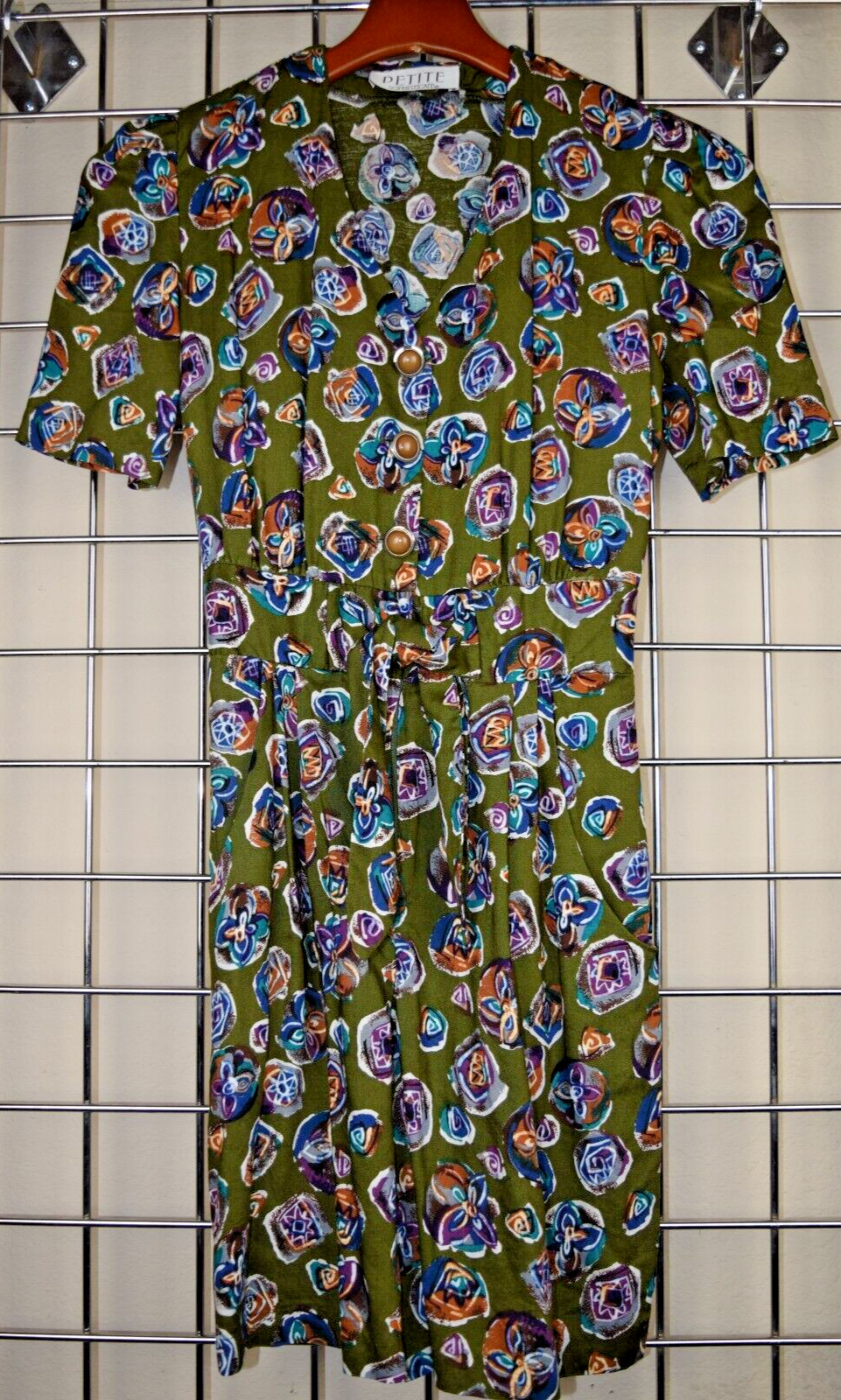 Vintage Romper Petite Sophisticate Size S 90s Olive Green Watercolor Rayon