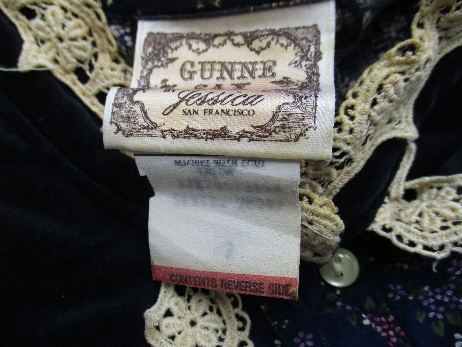 Vintage 70s Gunne Sax by Jessica Crochet Lace Velvet Puritan Collar Smock Dress
