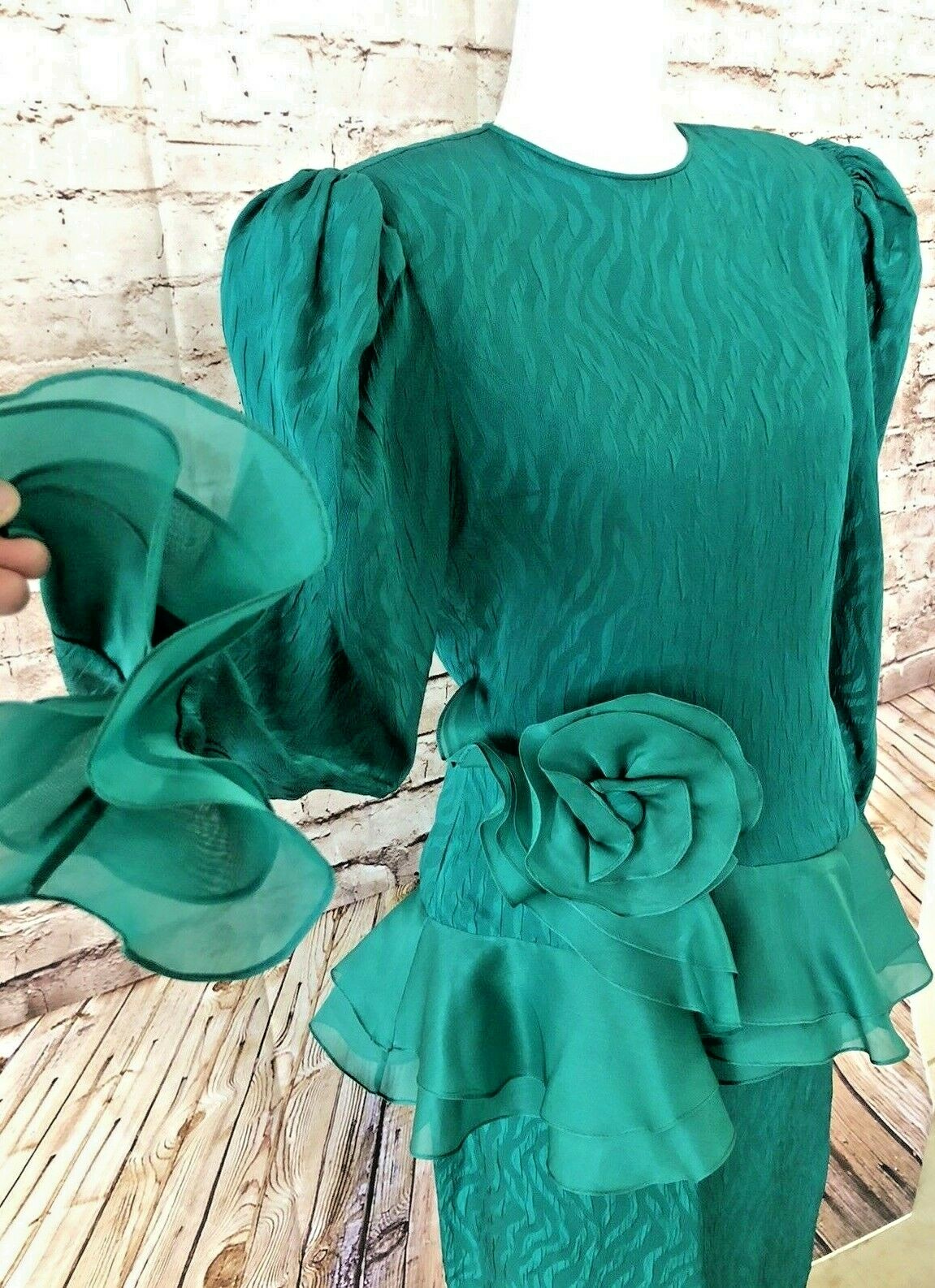 Vintage 80s Rina di Montella Emerald Green Silk Peplum Big Flower DYNASTY Dress