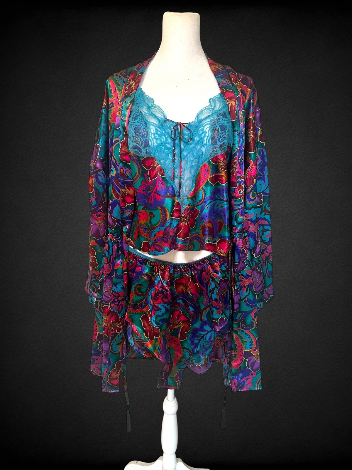 VTG Victoria’s Secret Gold Label Satin Lace Pajama Set Robe Cami Shorts 3 Pc M/L