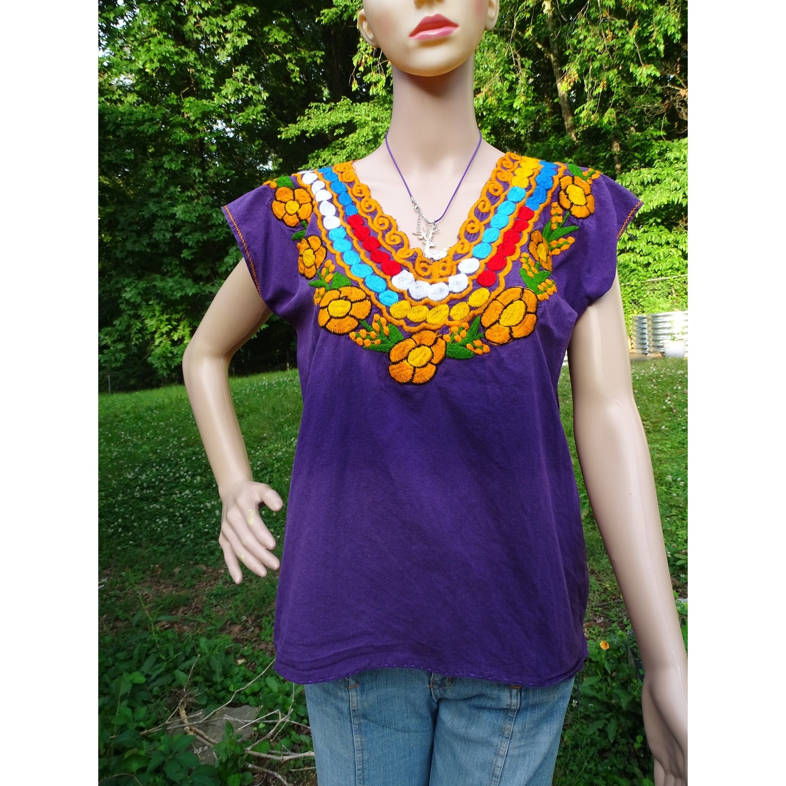 Vtg 70s Purple Floral Embroidered Blouse Boho Peasant Folk Art Top Small Medium