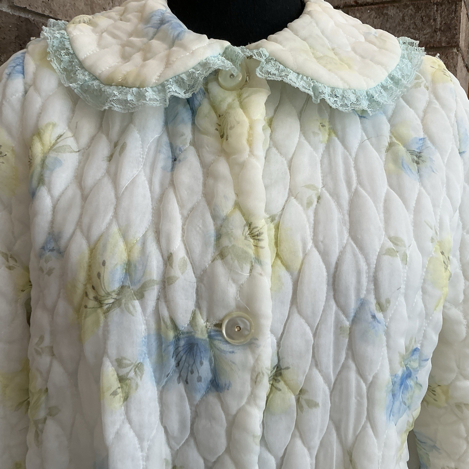 60s VINTAGE Paulette Chicago Quilted Floral Robe Duster Size 12 Blue Yellow 20D6