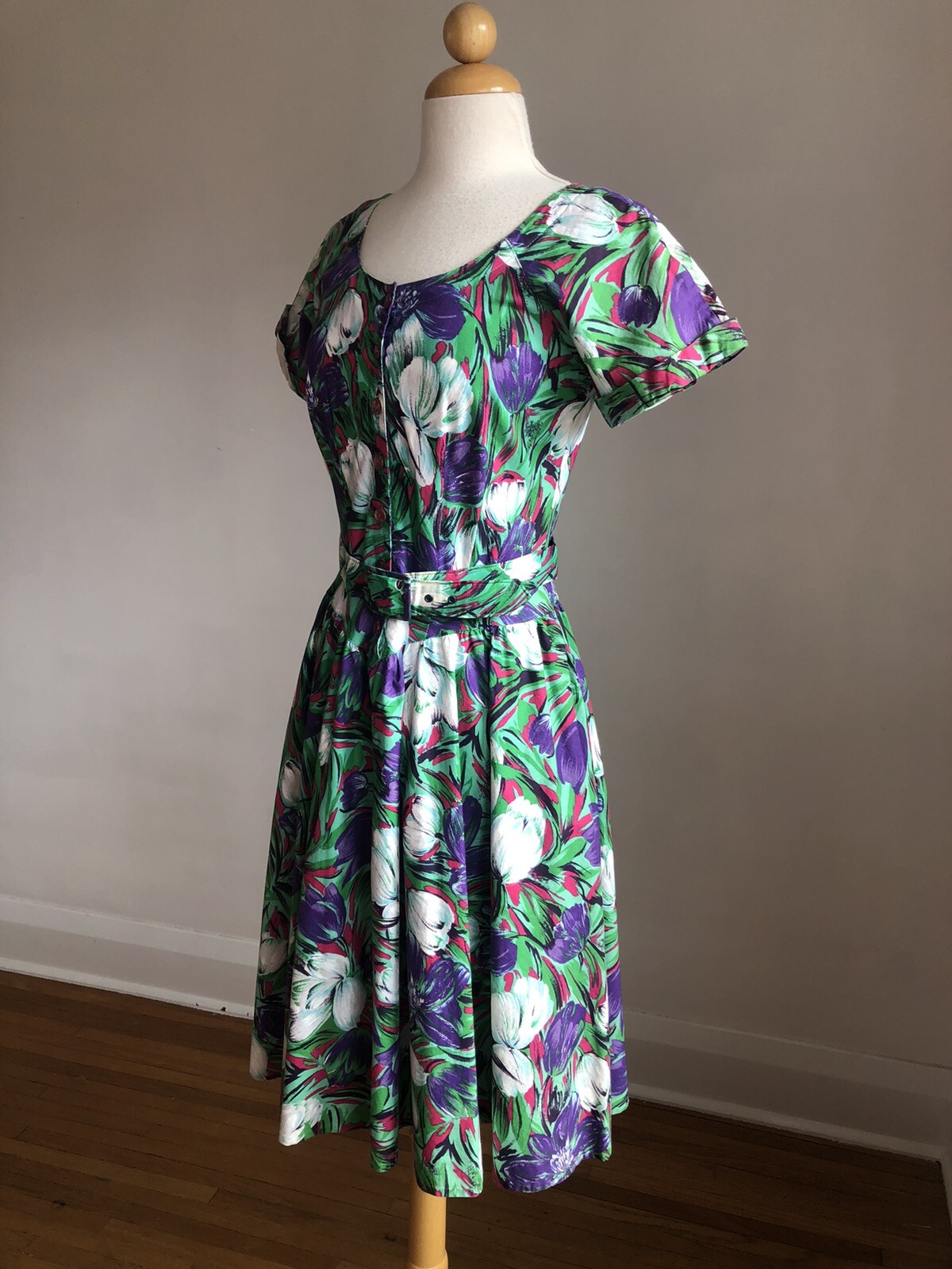 STUNNING VTG S.L. PETITES Floral 100% Cotton Belted Dress SZ XS/S