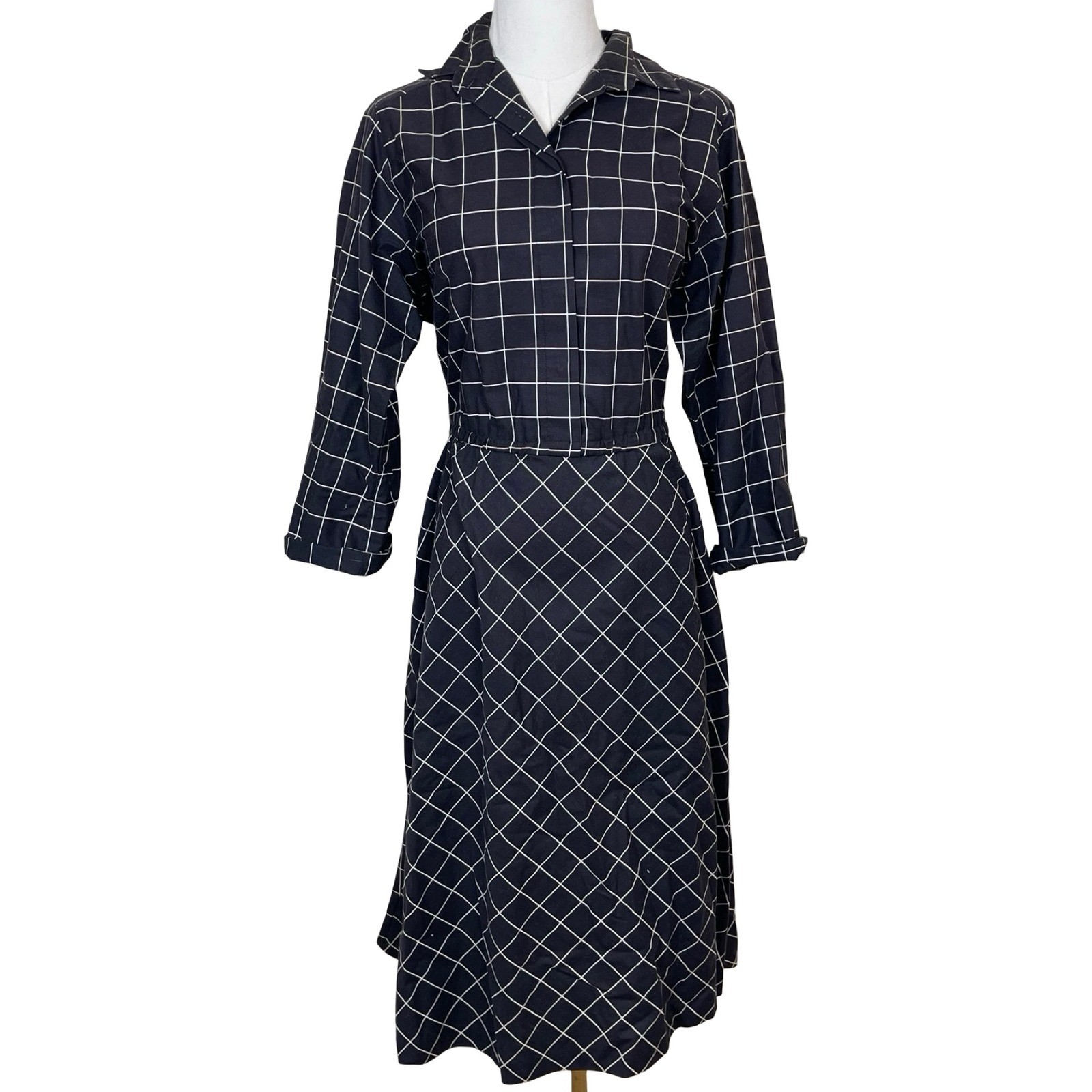 Vintage The Shirtdress Grid Midi Dress Womens 14 Black White Windowpane 70s 80s
