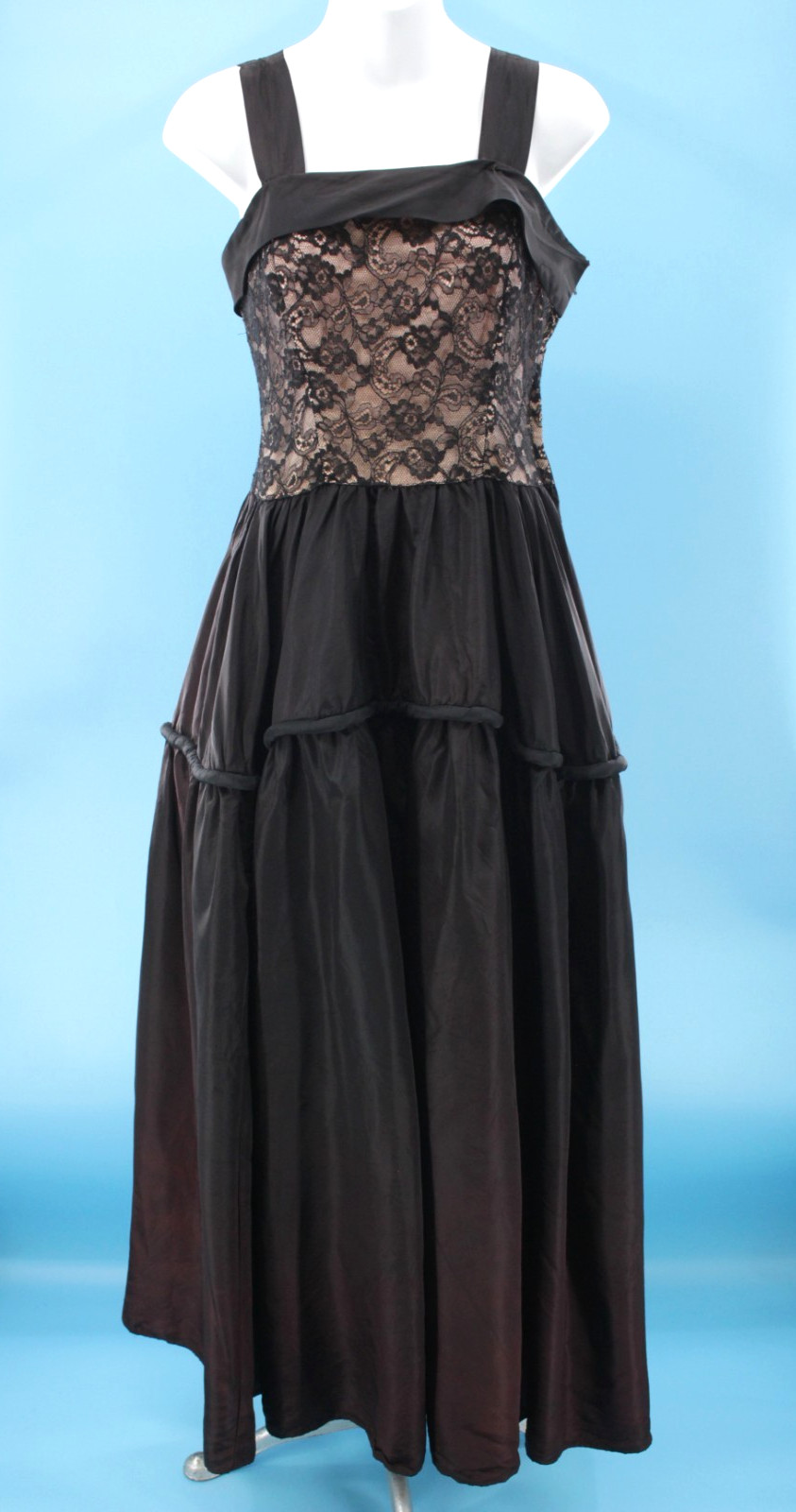 Vtg Womens 40s Black & Cream Lace Bodice Formal Gown XS/S 1940s Party Prom Dress