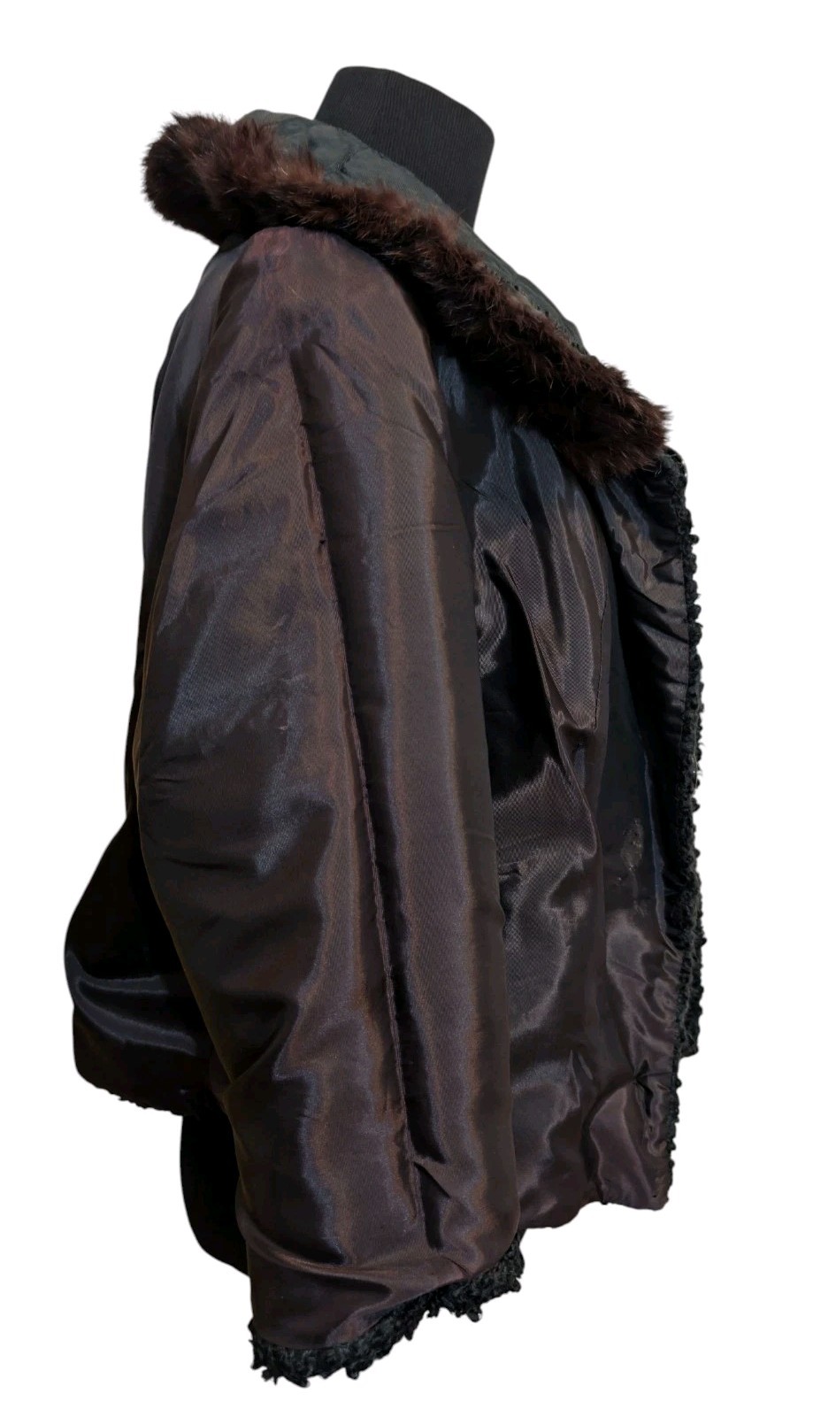 VTG WINTER brand 60s Women’s Black Wool Boucle 3/4 Slv Crop Jacket Brown Fur Med