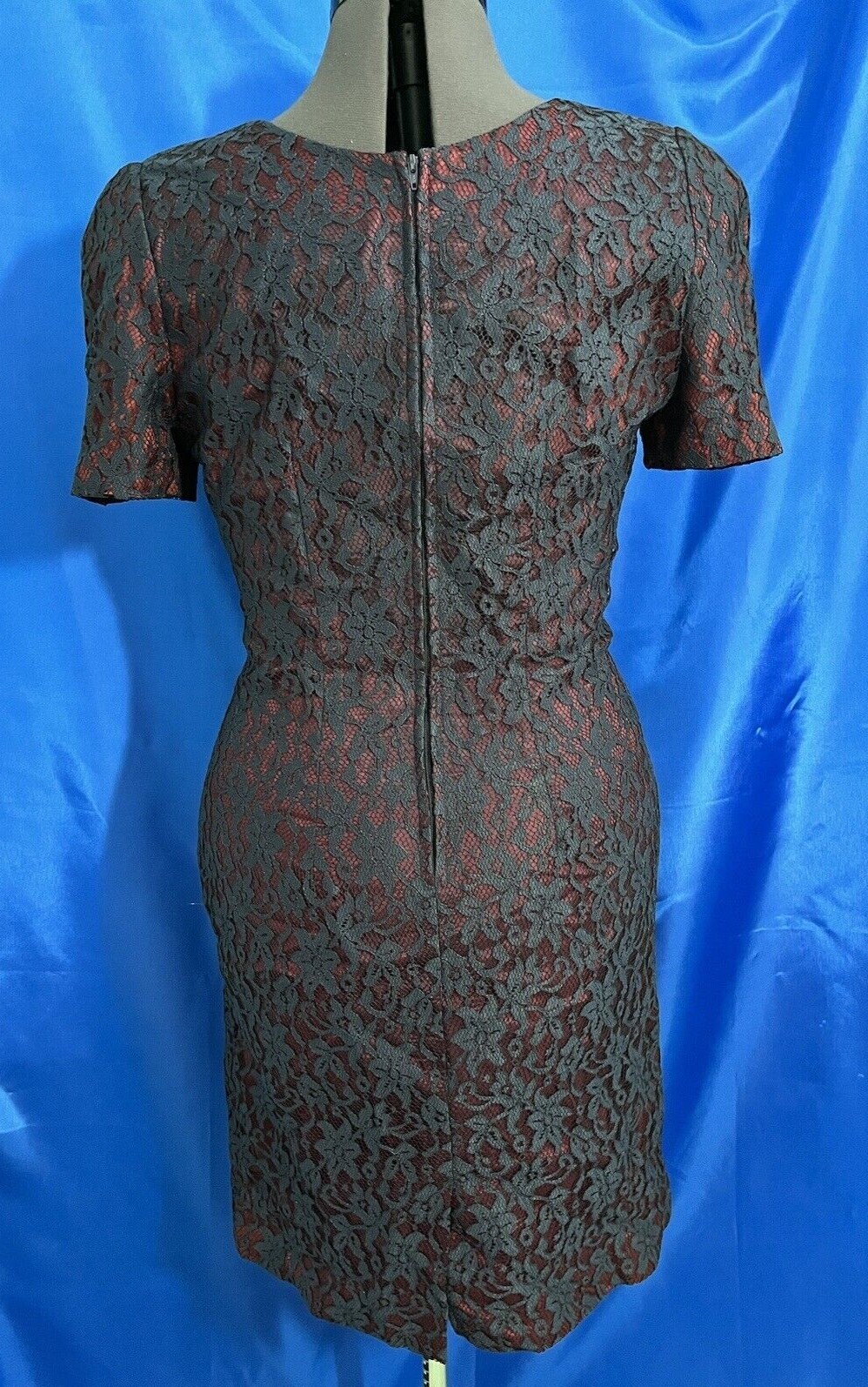 VINTAGE 70-80’s D.J.S. LTD DRESS NAVY FLORAL LACE BURGANDY LINED SHEATH SZ10