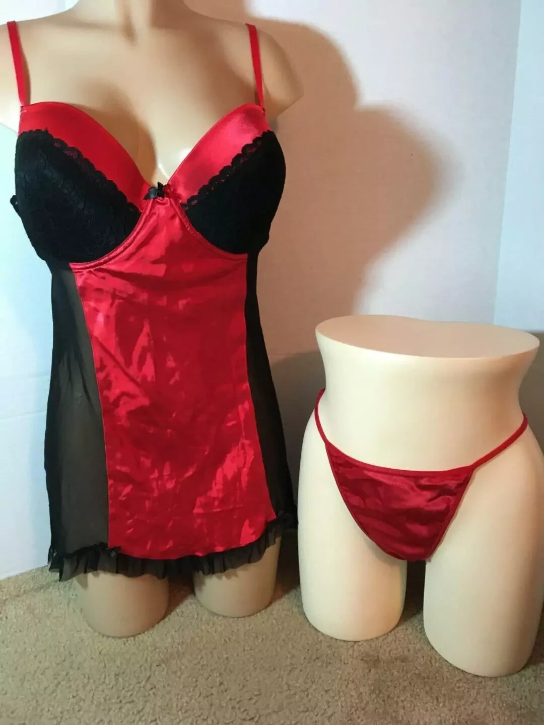 Vtg XL Red SATIN PADDED Babydoll Nightgown &G-STRING PANTY Set Lot 40 Lace Mesh