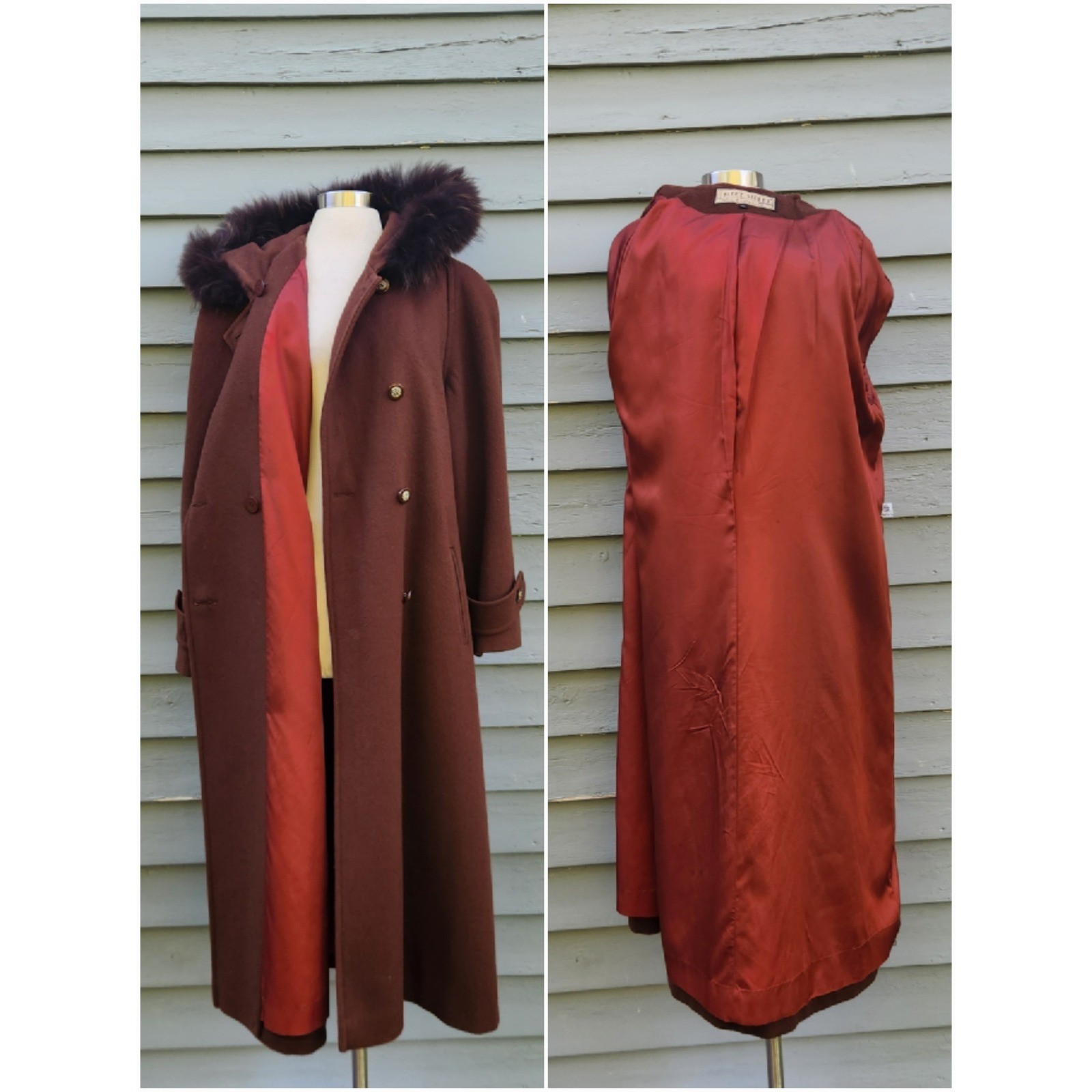 Vintage 80s Fleet Street Overcoat Brown Wool Double Breasted Fur Trim Hood 16