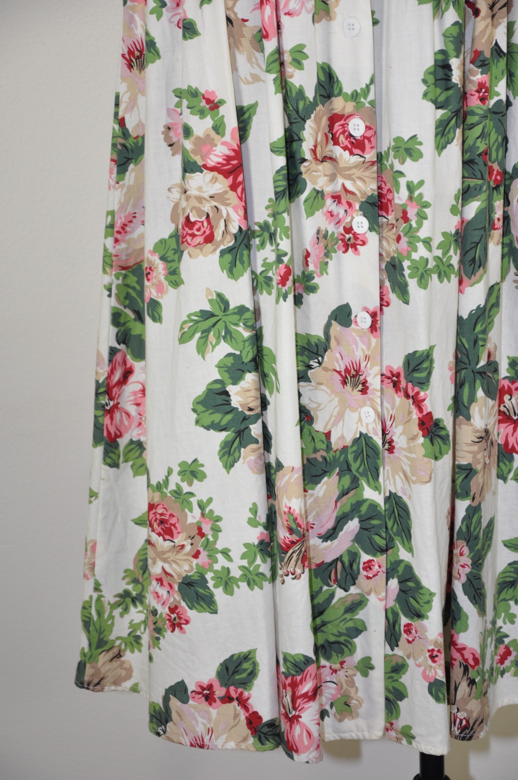 80s Vintage Pink Green Hibiscus Floral Puff Sleeve Romantic Midi Dress Women M L
