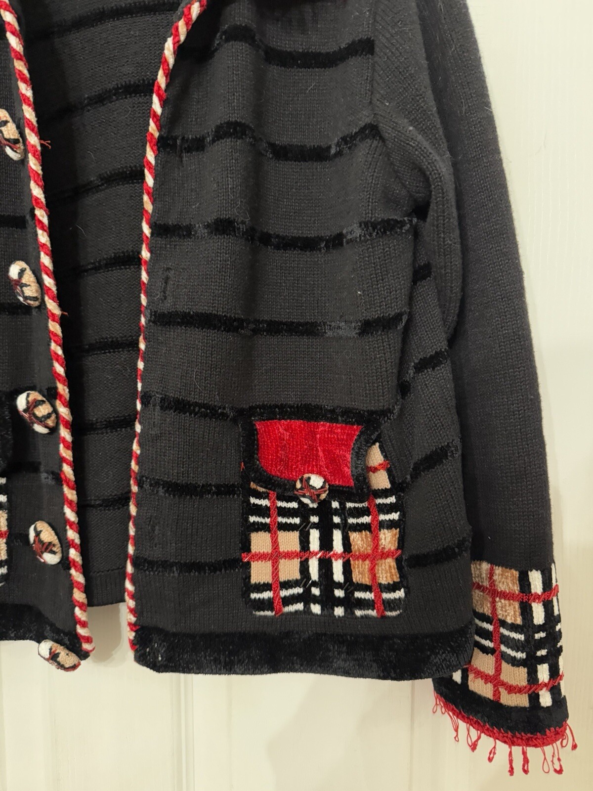 VTG Jack B. Quick Sweater Cardigan Sz M Tartan Pattern Plaid Fringe