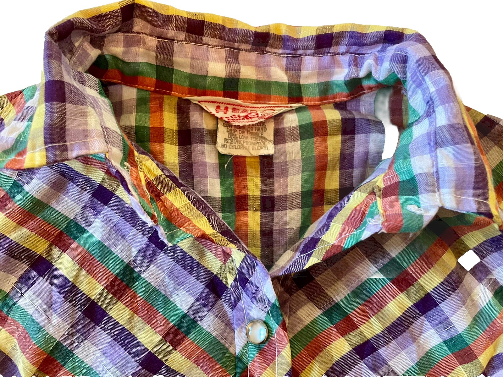 Vintage 70s H BAR C California RANCHWEAR Shirt Women 34 Plaid Fringe Pearl Snap