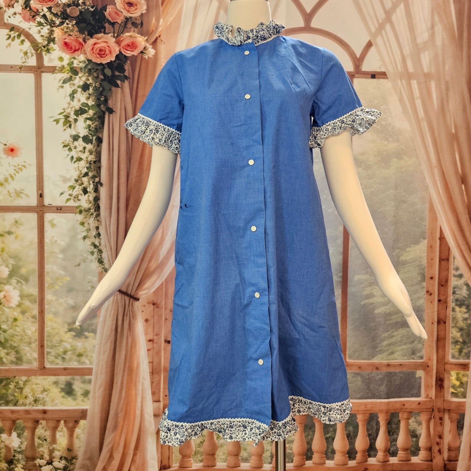Vintage 1960’s Lounge Craft Dress Blue Ruffle Button Front House Dress Shift Mod